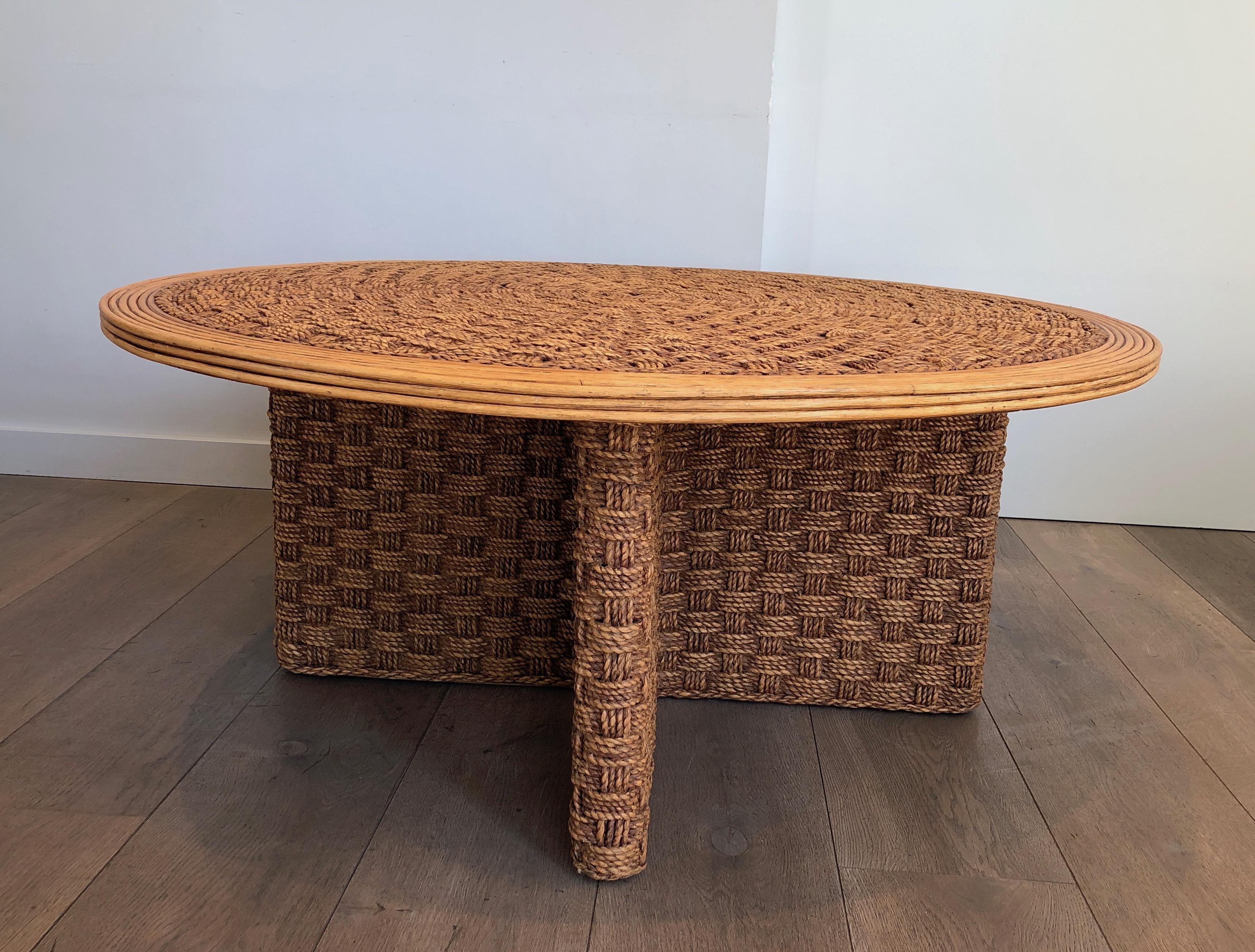 Large Round Rope and Wood Coffee Table in the Style of Audoux Minet, circa 1970 For Sale 6