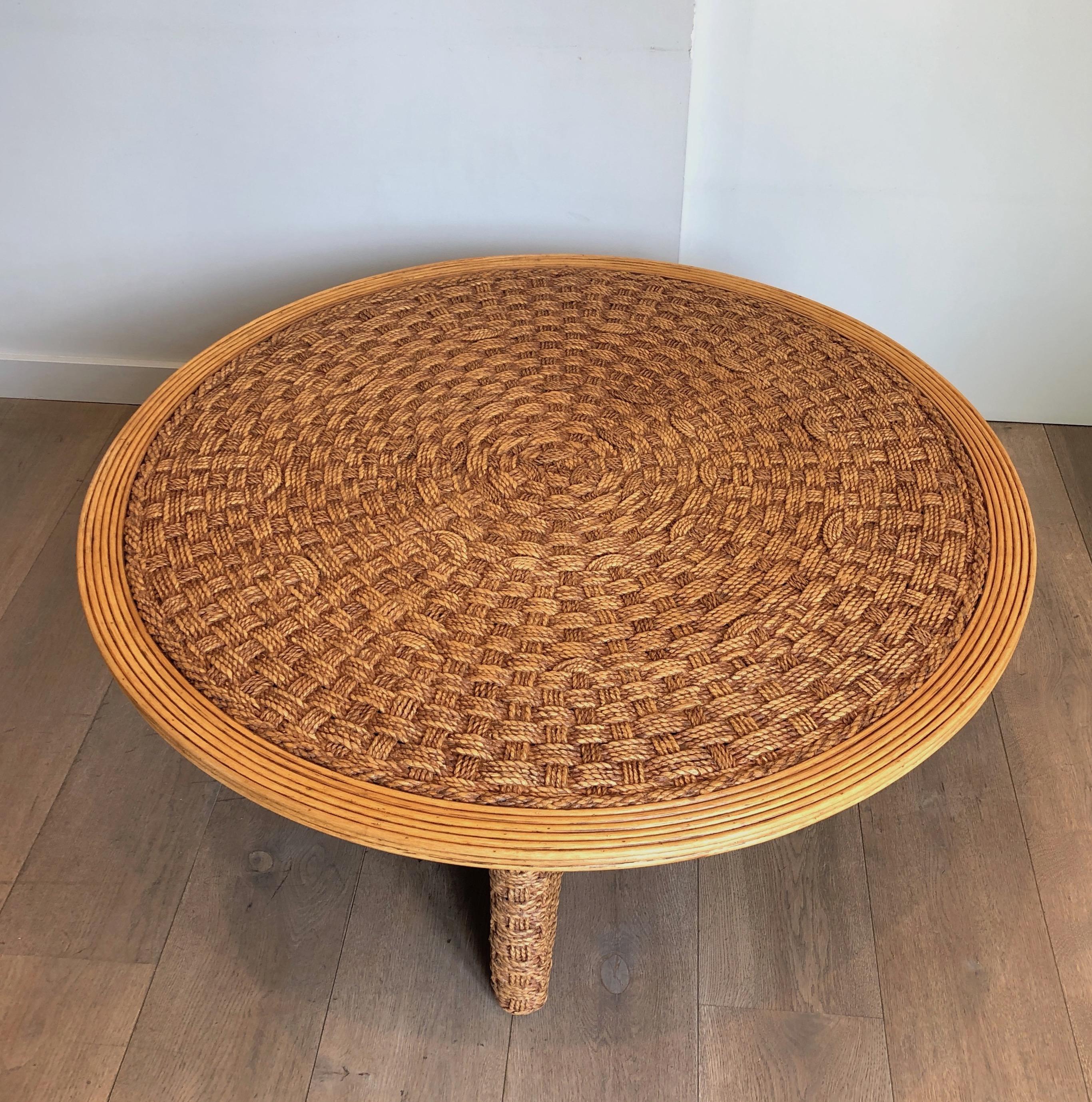 Large Round Rope and Wood Coffee Table in the Style of Audoux Minet, circa 1970 11
