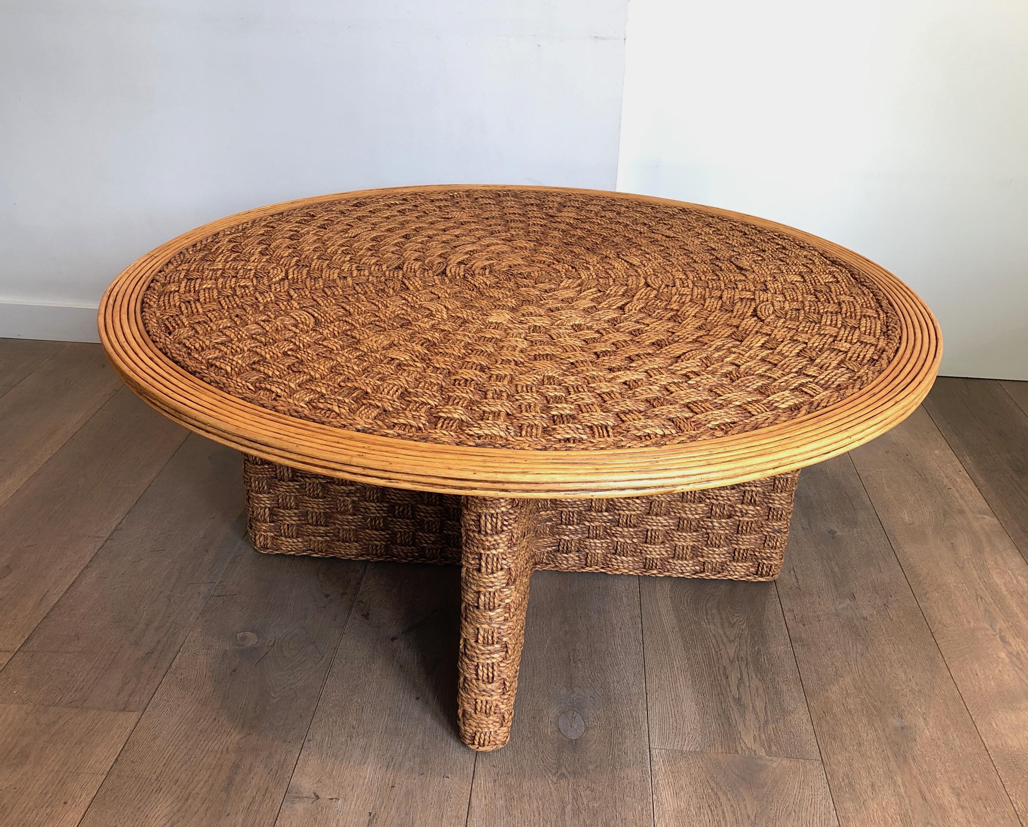 Large Round Rope and Wood Coffee Table in the Style of Audoux Minet, circa 1970 For Sale 11