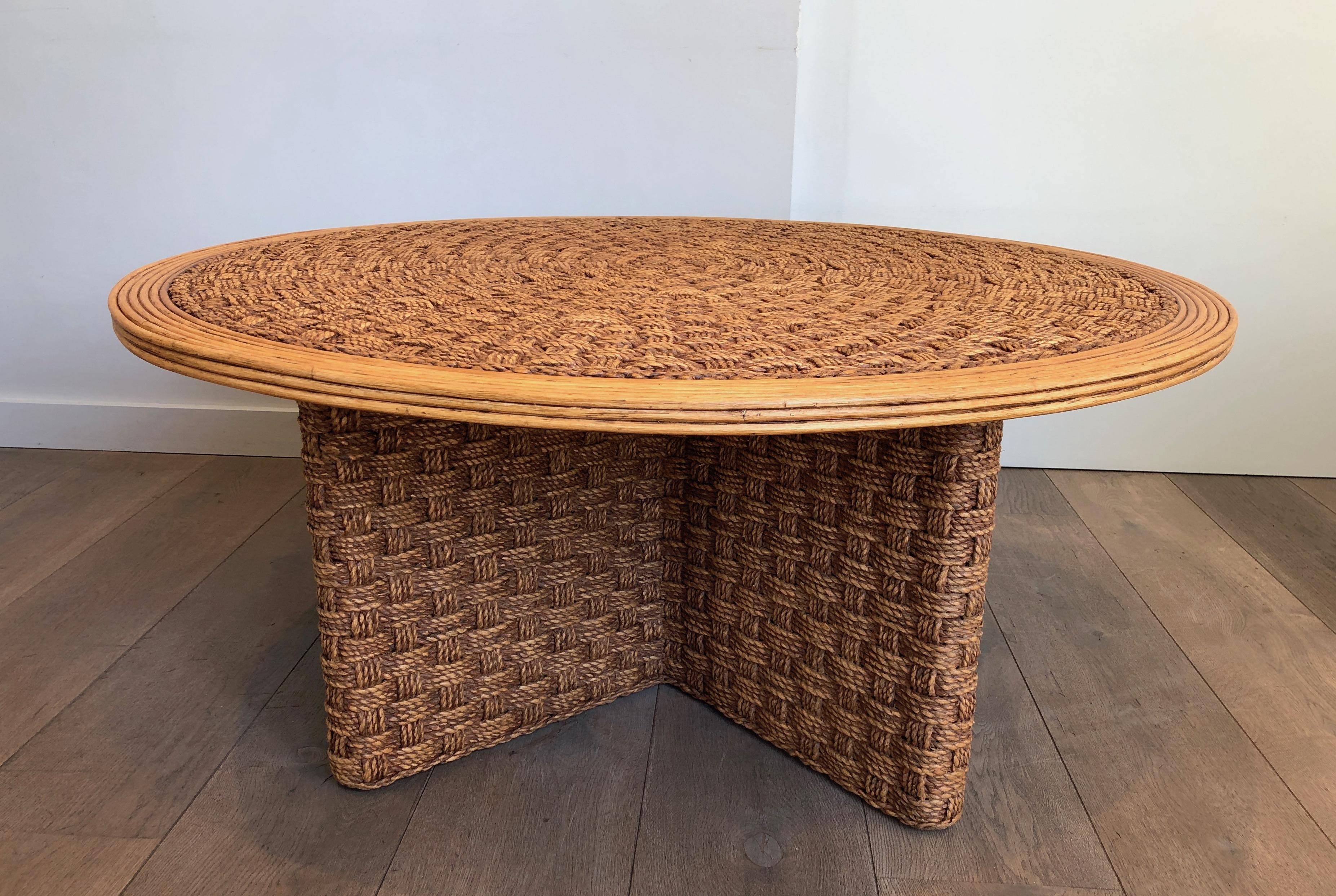 Large Round Rope and Wood Coffee Table in the Style of Audoux Minet, circa 1970 For Sale 12