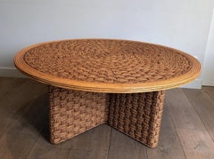 Large Round Rope and Wood Coffee Table in the Style of Audoux Minet, circa 1970