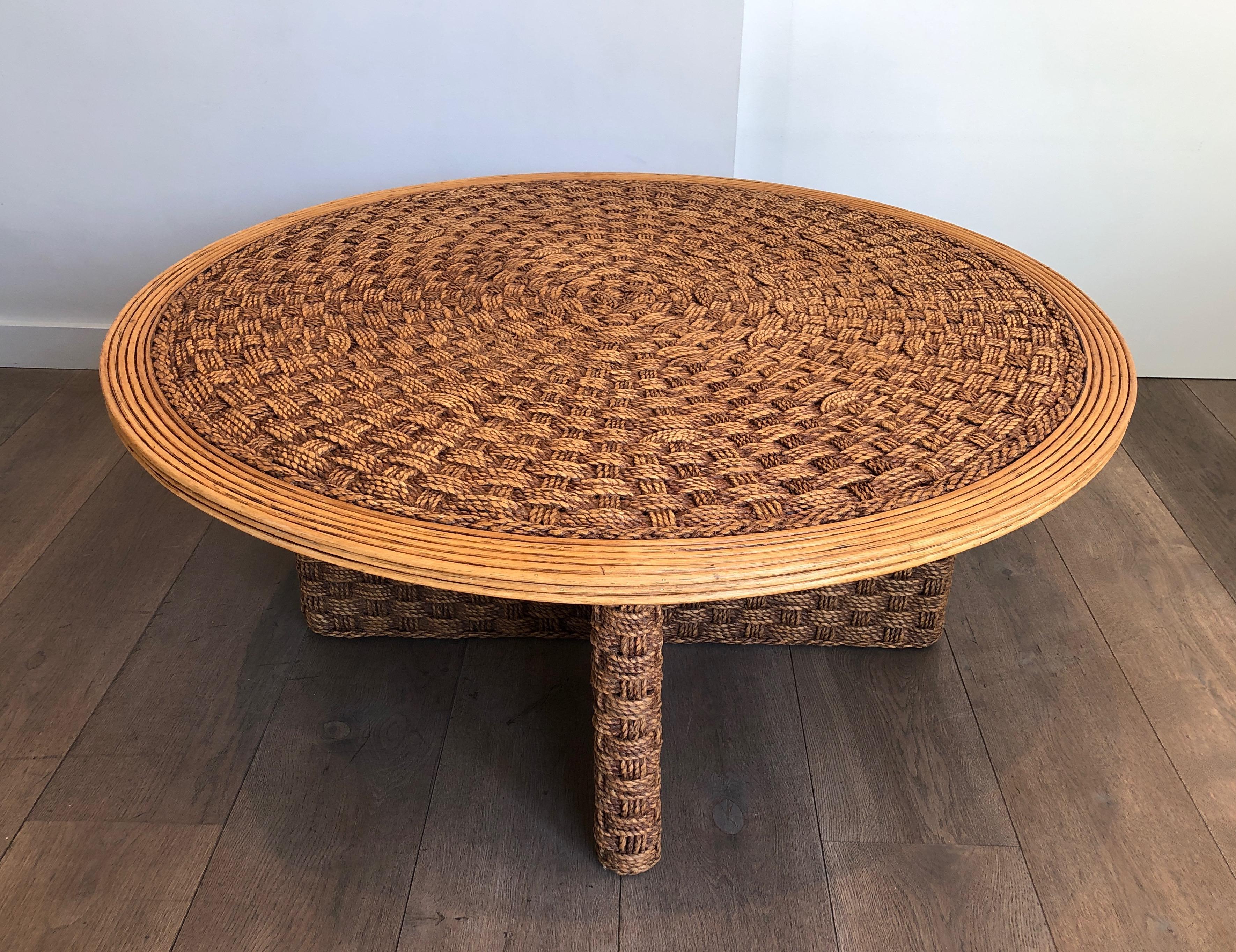 Mid-Century Modern Large Round Rope and Wood Coffee Table in the Style of Audoux Minet, circa 1970