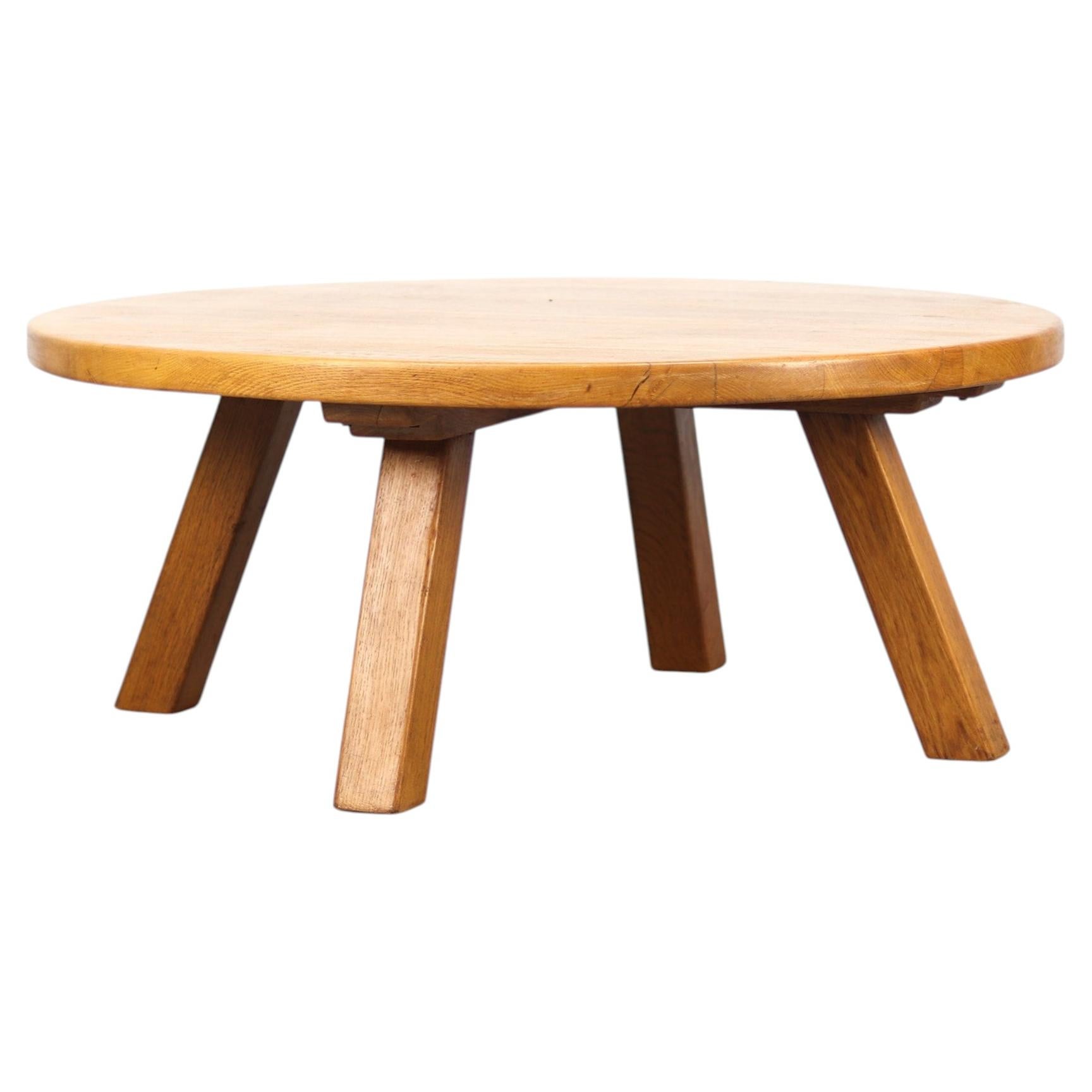 Large Round Rustic Vintage Brutalist Coffee Table in Oak