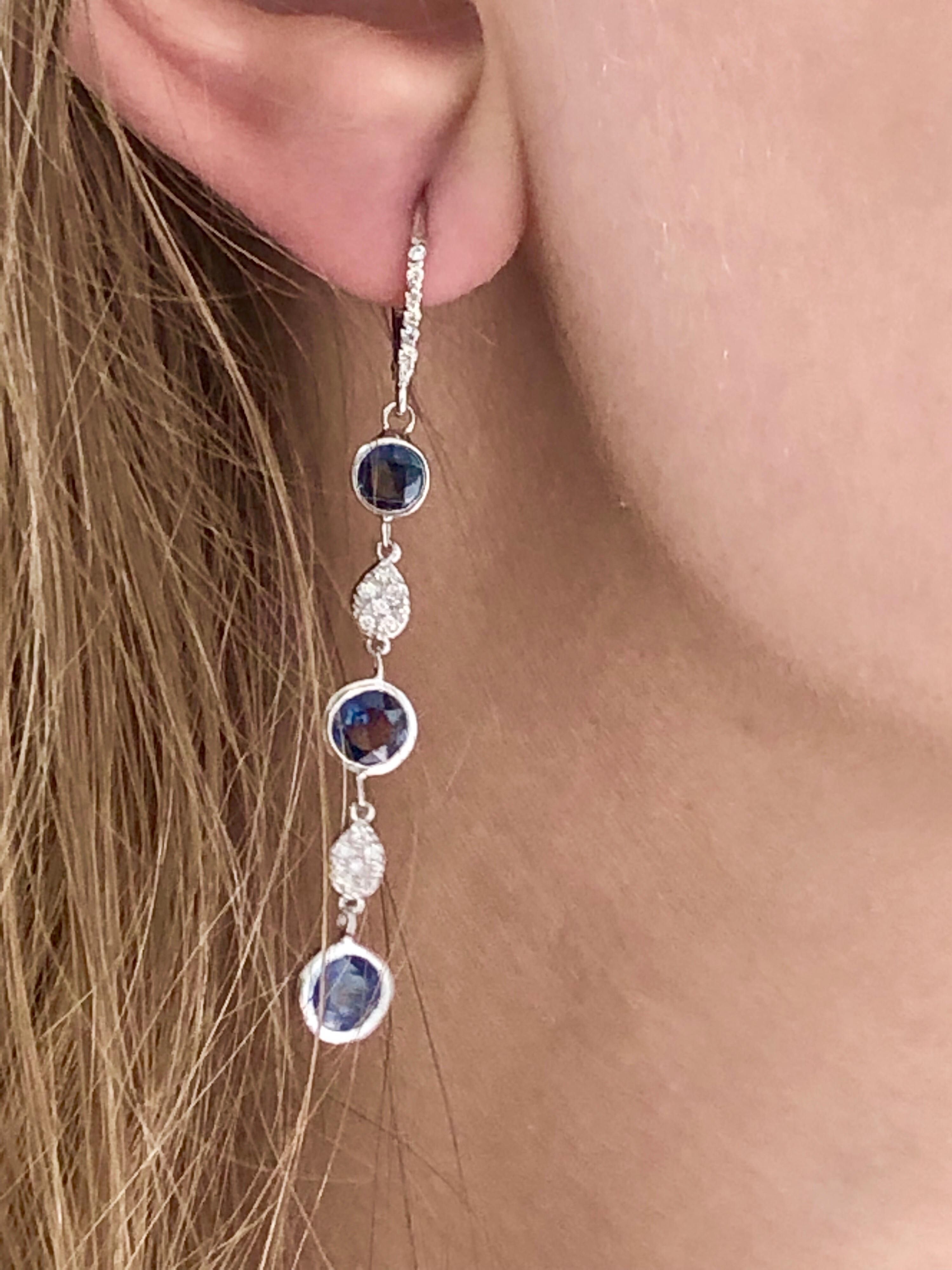 Round Cut Sapphires and Diamonds Hoop Drop Earrings Weighing 5.75 Carat 