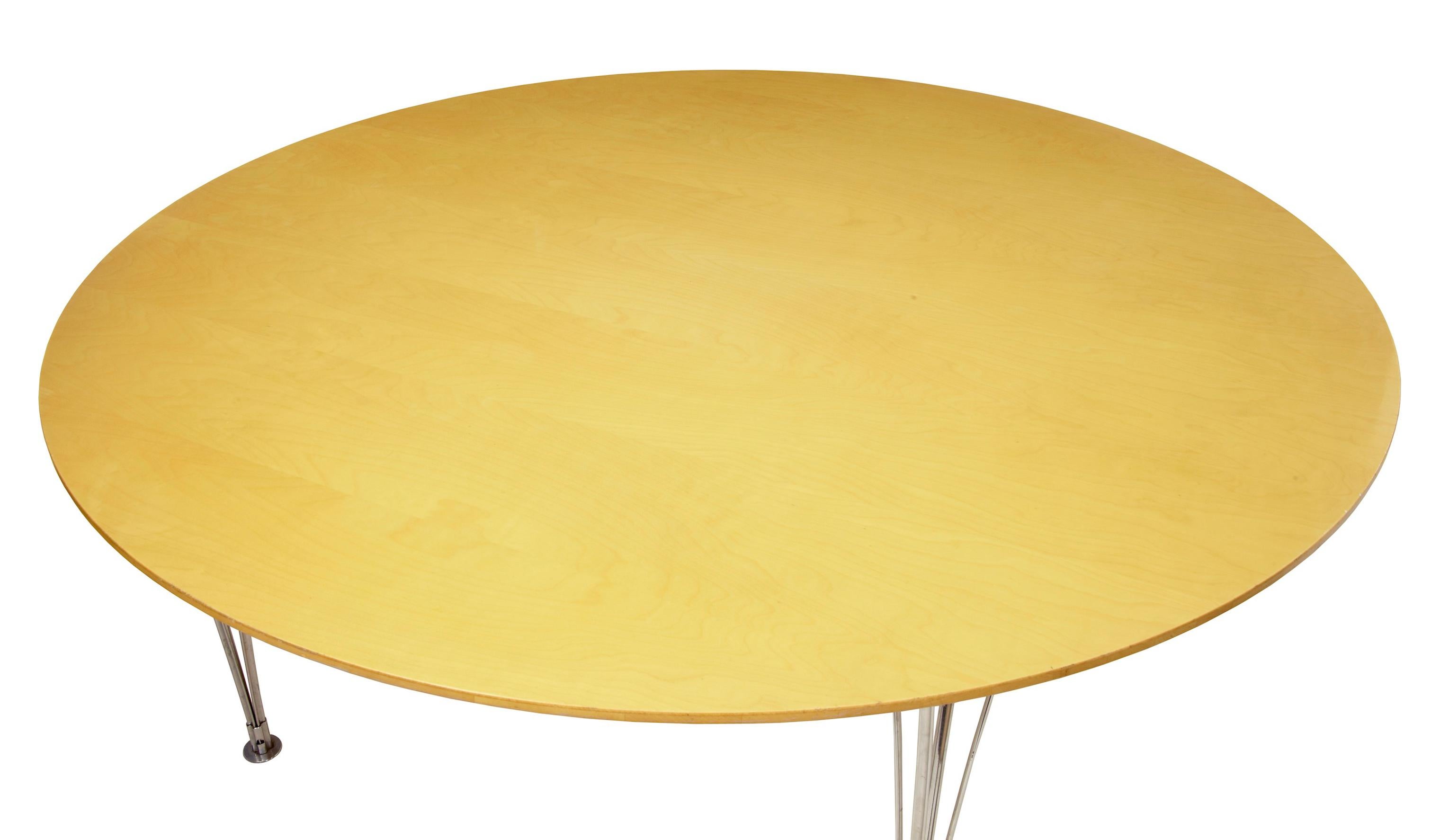 Large round Scandinavian Bruno Mathsson birch dining table, circa 1980.

Fine piece of known scandinavian furniture designer bruno mathsson. Seats 10. Detachable chromed legs allowing for cheaper transport.

Some marking and abrasions to outer