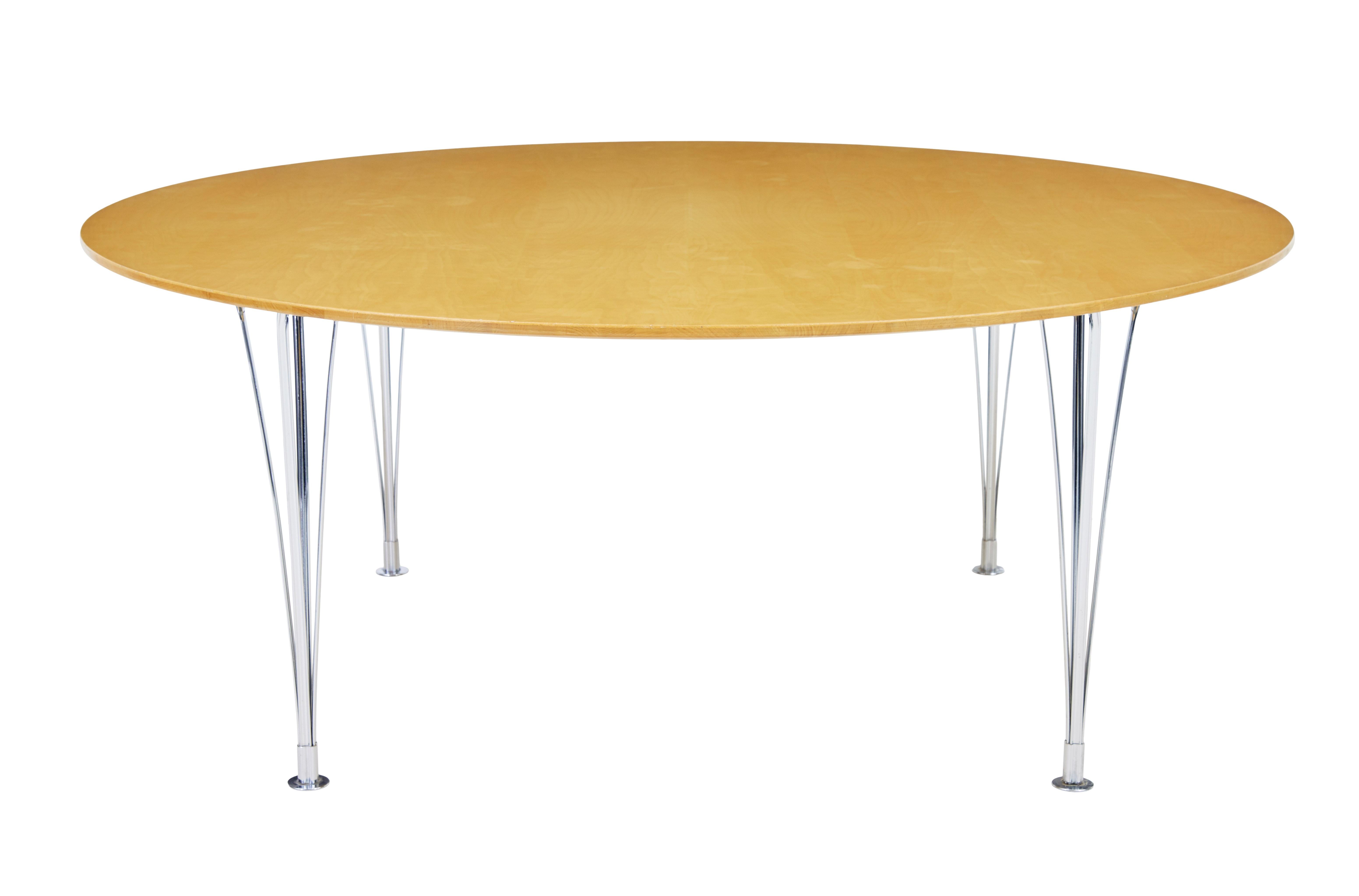 Large round Scandinavian Bruno Mathsson birch dining table circa 1980.

Fine piece of known Scandinavian furniture designer Bruno Mathsson. Seats 10. Detachable chromed legs allowing for cheaper transport.

Due to the nature of it's construction it