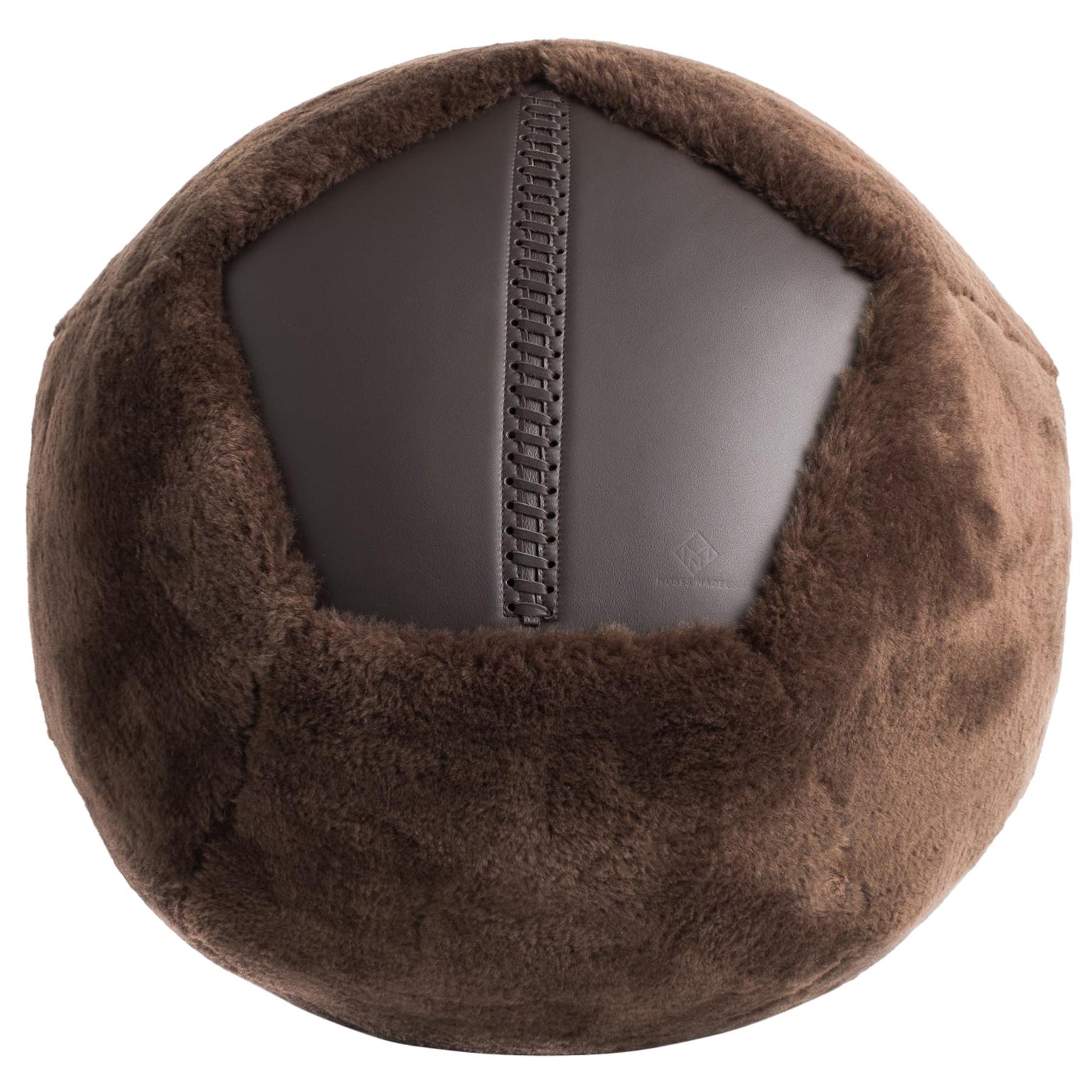 Ottoman X 22"Ø in Chocolate Brown Shearling by Moses Nadel For Sale