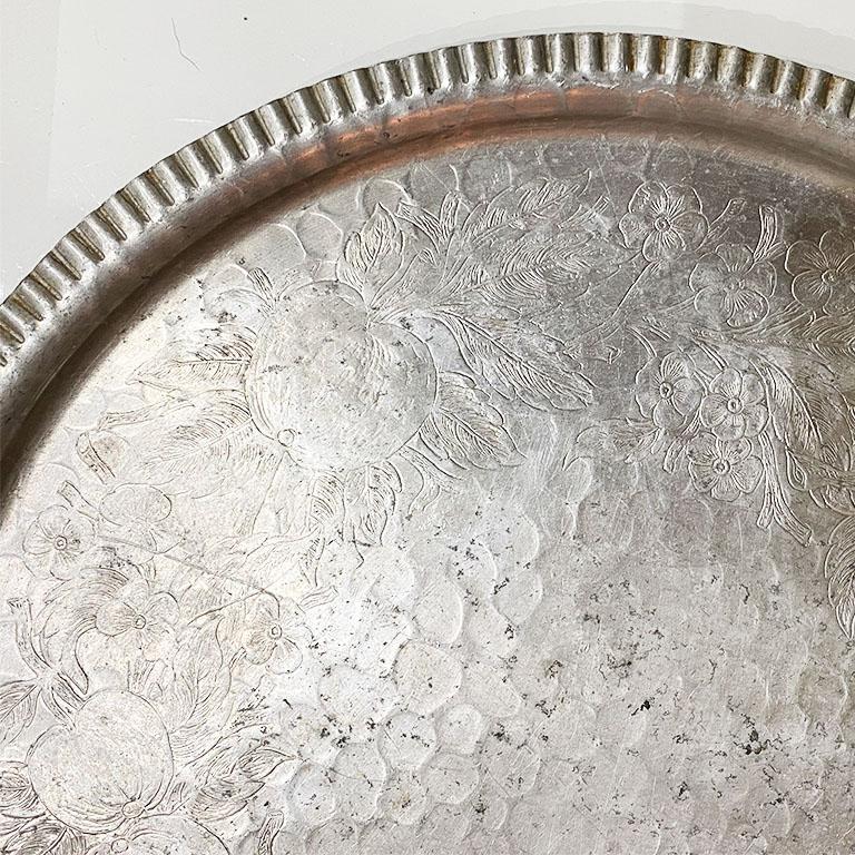 Bohemian Large Round Silver Aluminum Tea Tray