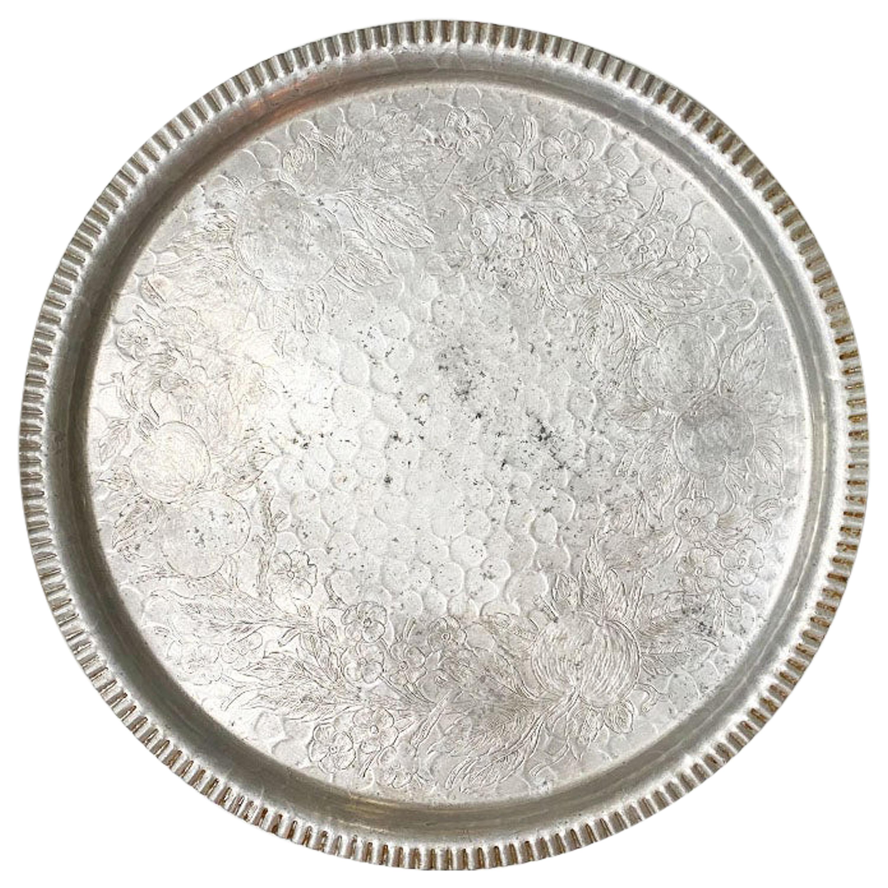 Large Round Silver Aluminum Tea Tray