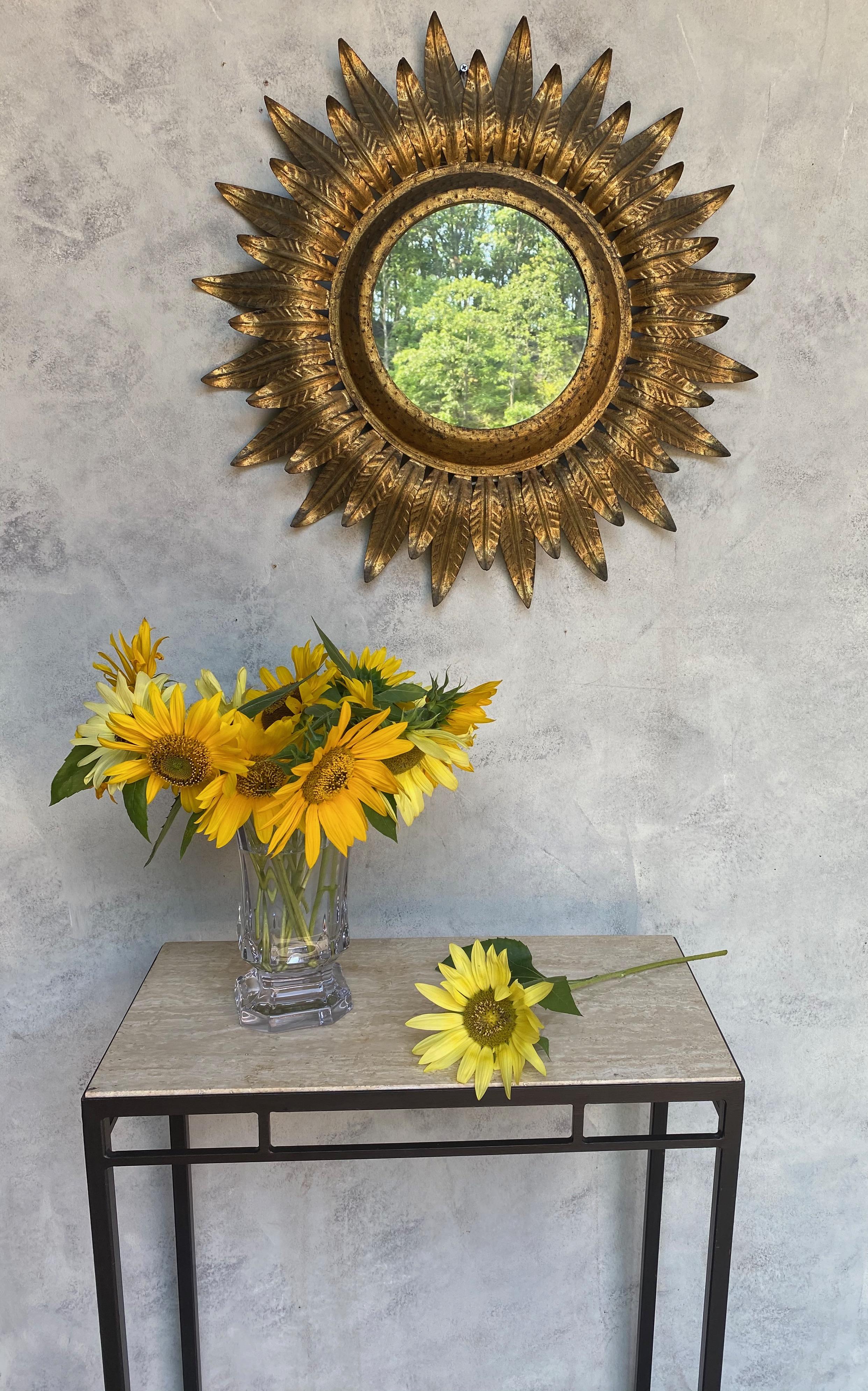 Large 1950s Round Spanish Gilt Metal Sunburst Mirror with Back Light 11