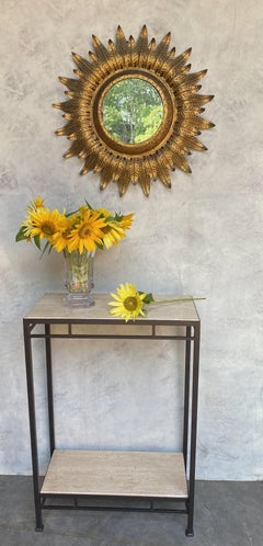 Large 1950s Round Spanish Gilt Metal Sunburst Mirror with Back Light