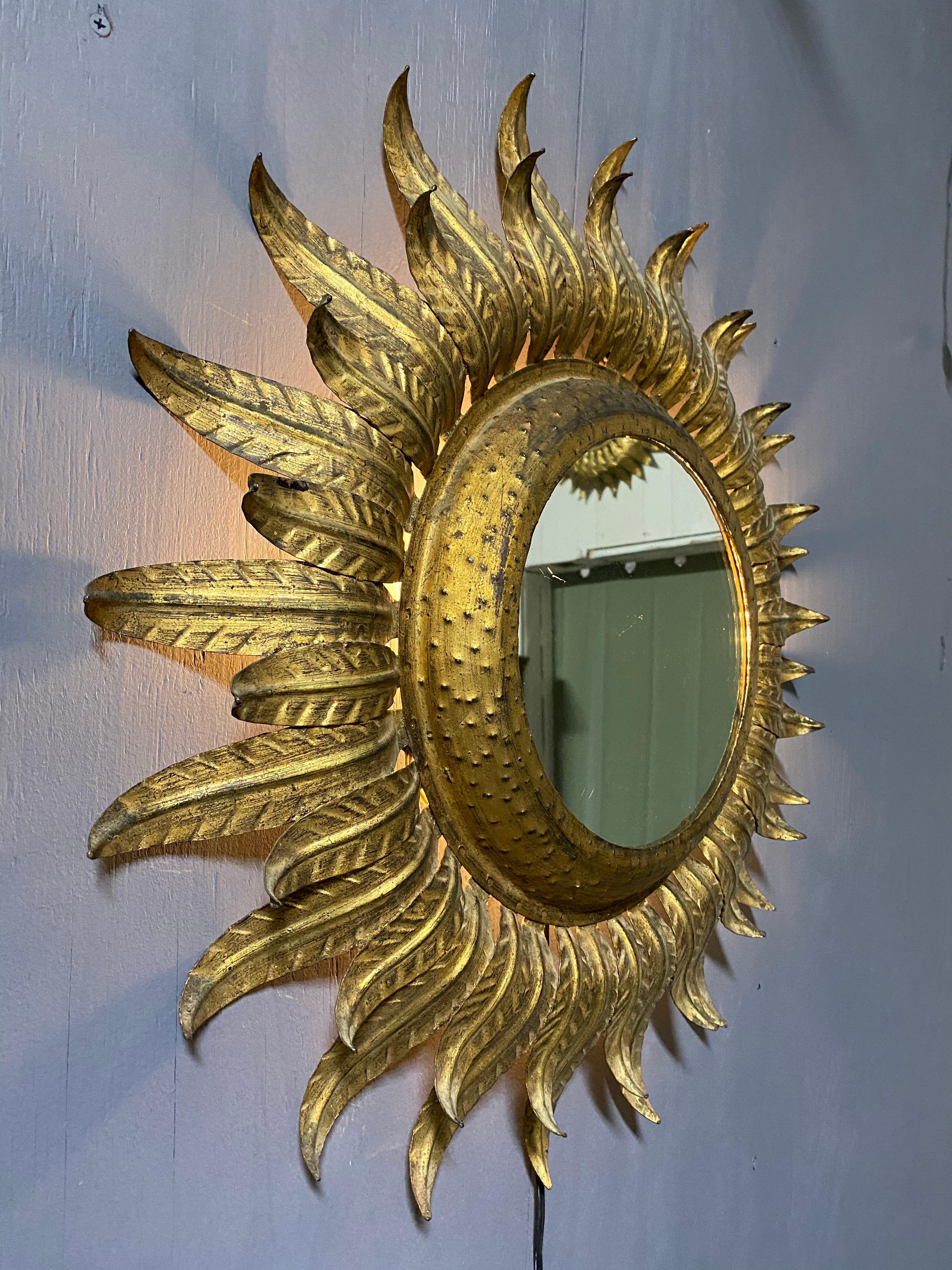 Art Nouveau Large 1950s Round Spanish Gilt Metal Sunburst Mirror with Back Light