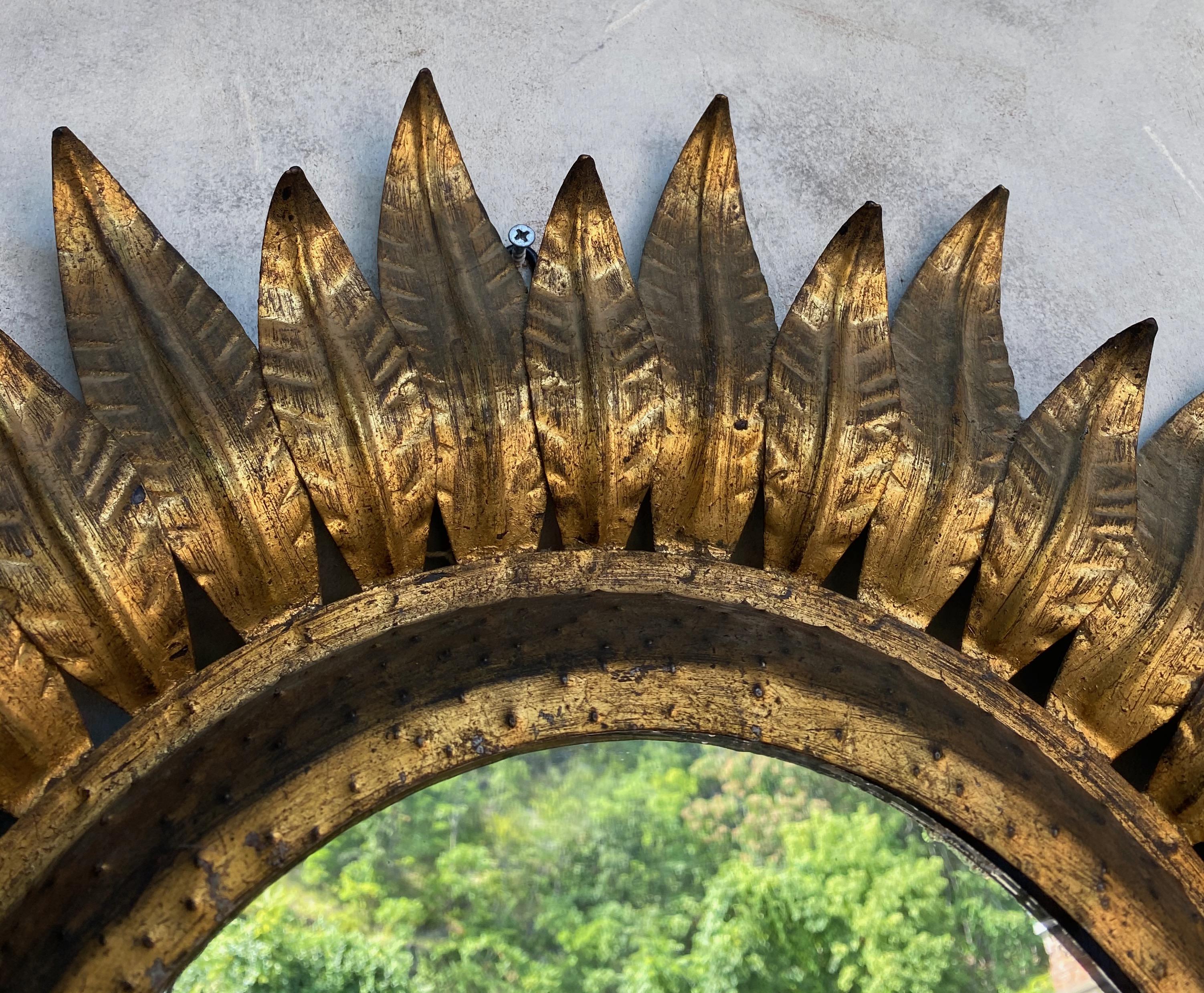 Mid-20th Century Large 1950s Round Spanish Gilt Metal Sunburst Mirror with Back Light