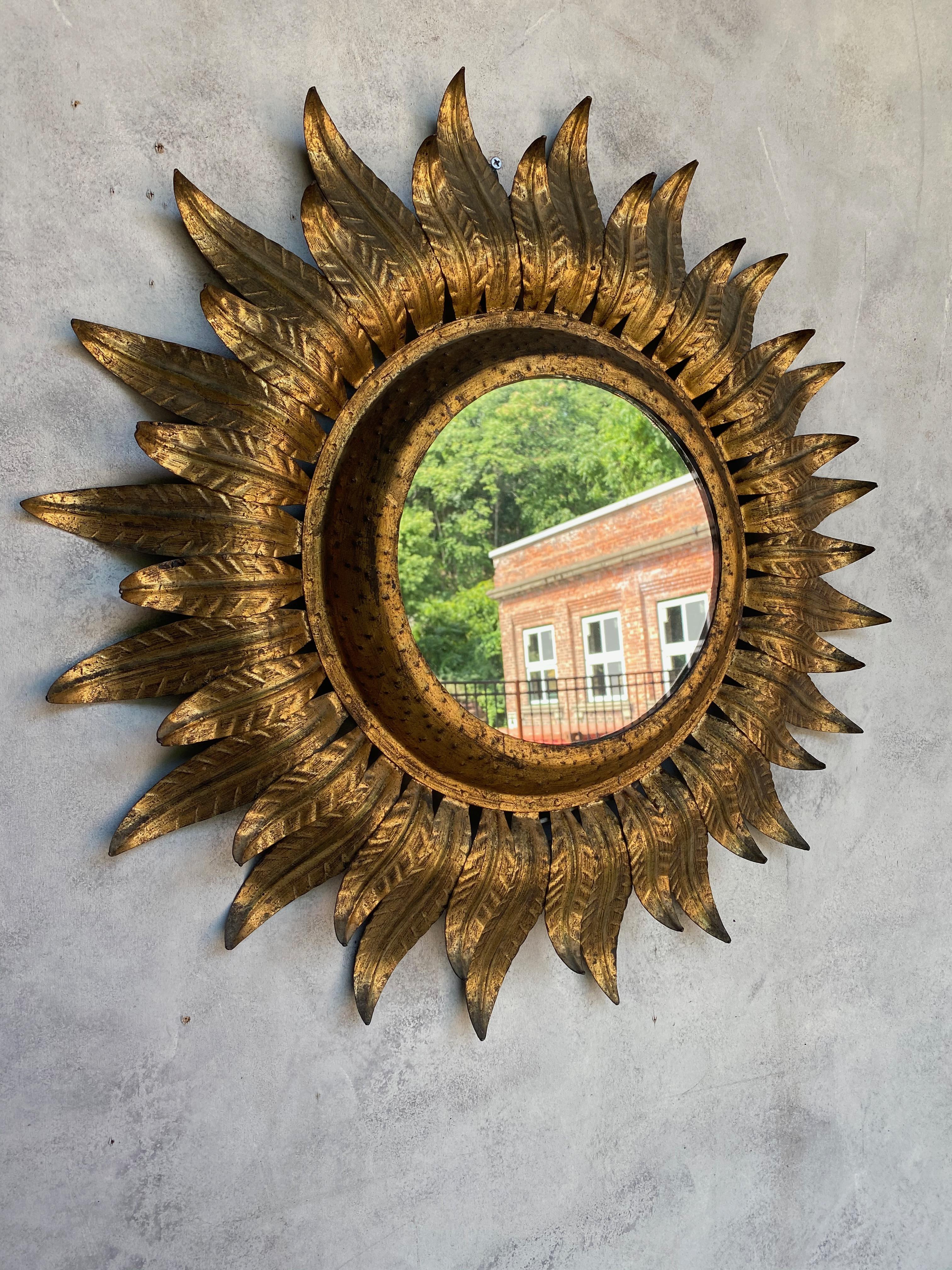 Glass Large 1950s Round Spanish Gilt Metal Sunburst Mirror with Back Light