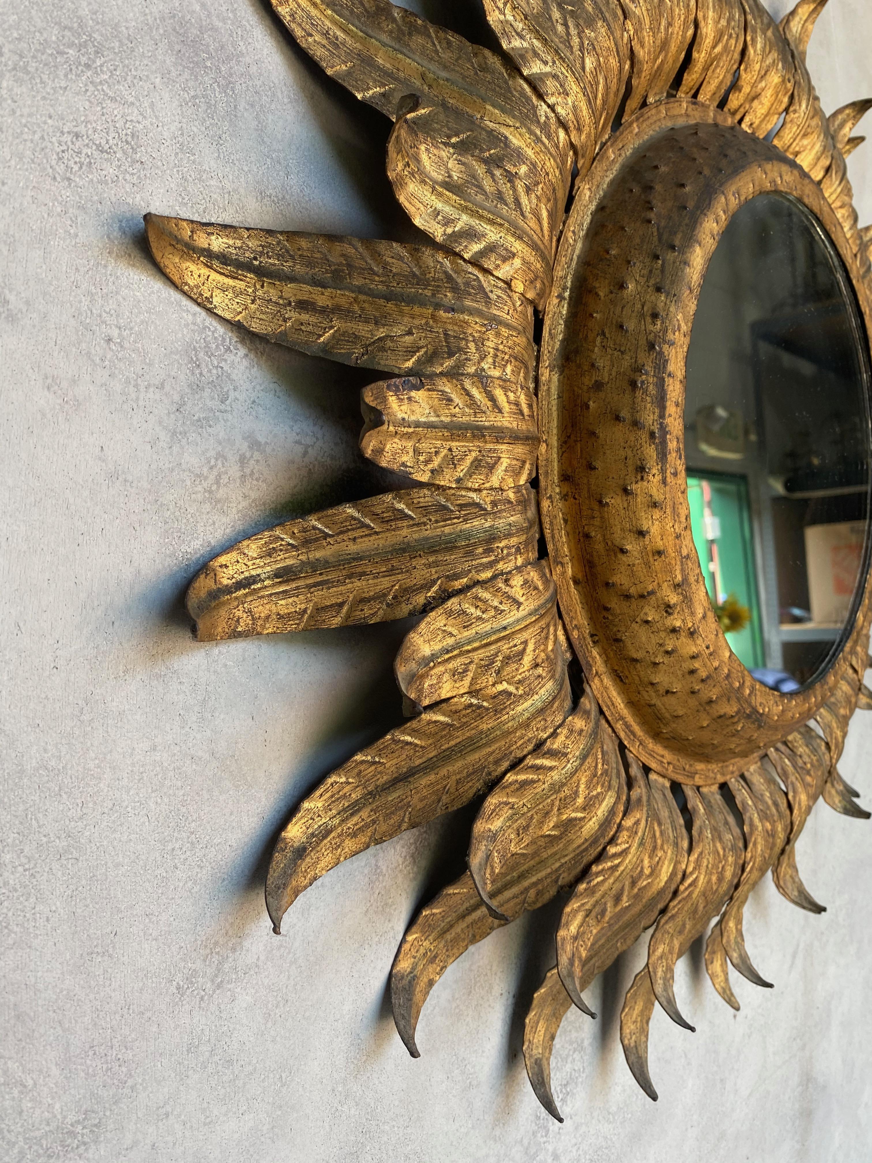 Large 1950s Round Spanish Gilt Metal Sunburst Mirror with Back Light 2