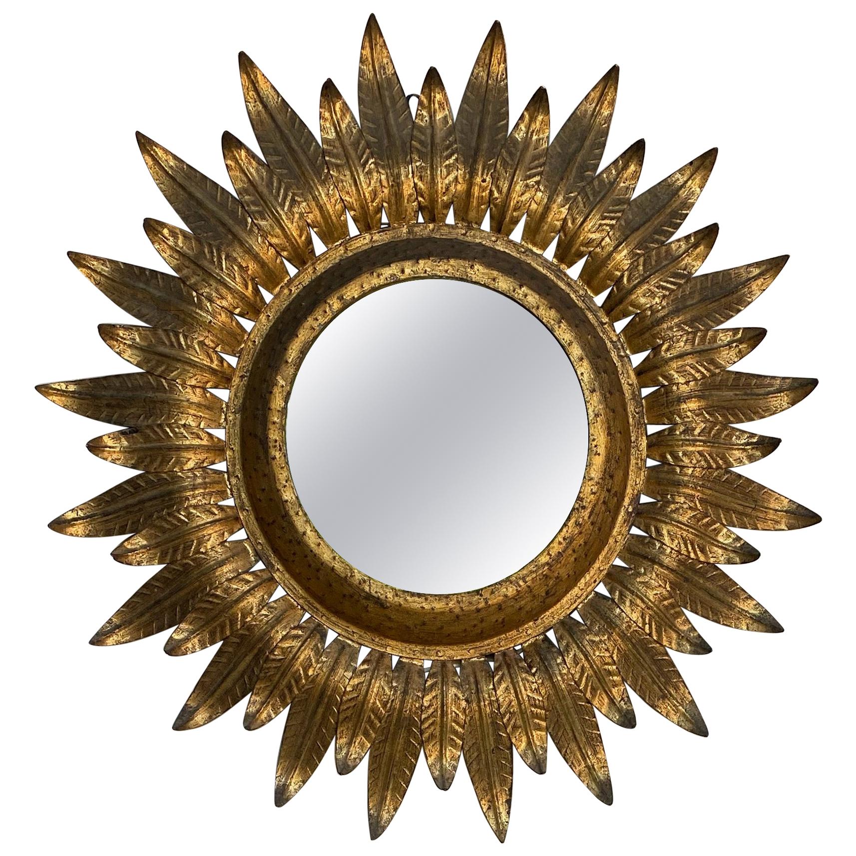 Large 1950s Round Spanish Gilt Metal Sunburst Mirror with Back Light