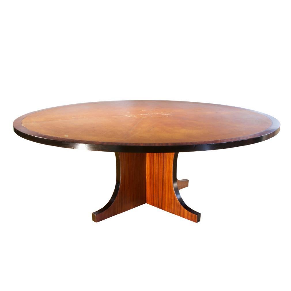 Veneer Large Round Spanish Mahogany Dining Table Attributed to Valenti, Barcelona For Sale