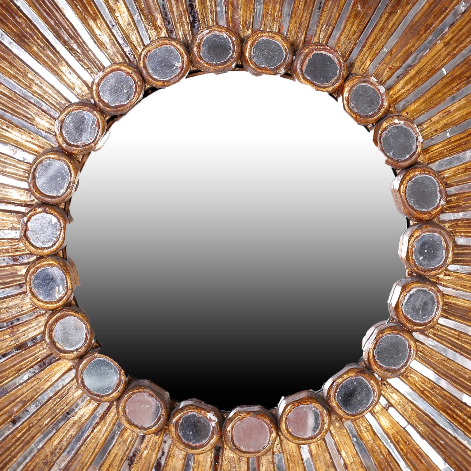 Mid-Century Modern Large Round Sunburst Gilt and Carved Mirror