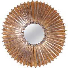Large Round Sunburst Gilt and Carved Mirror