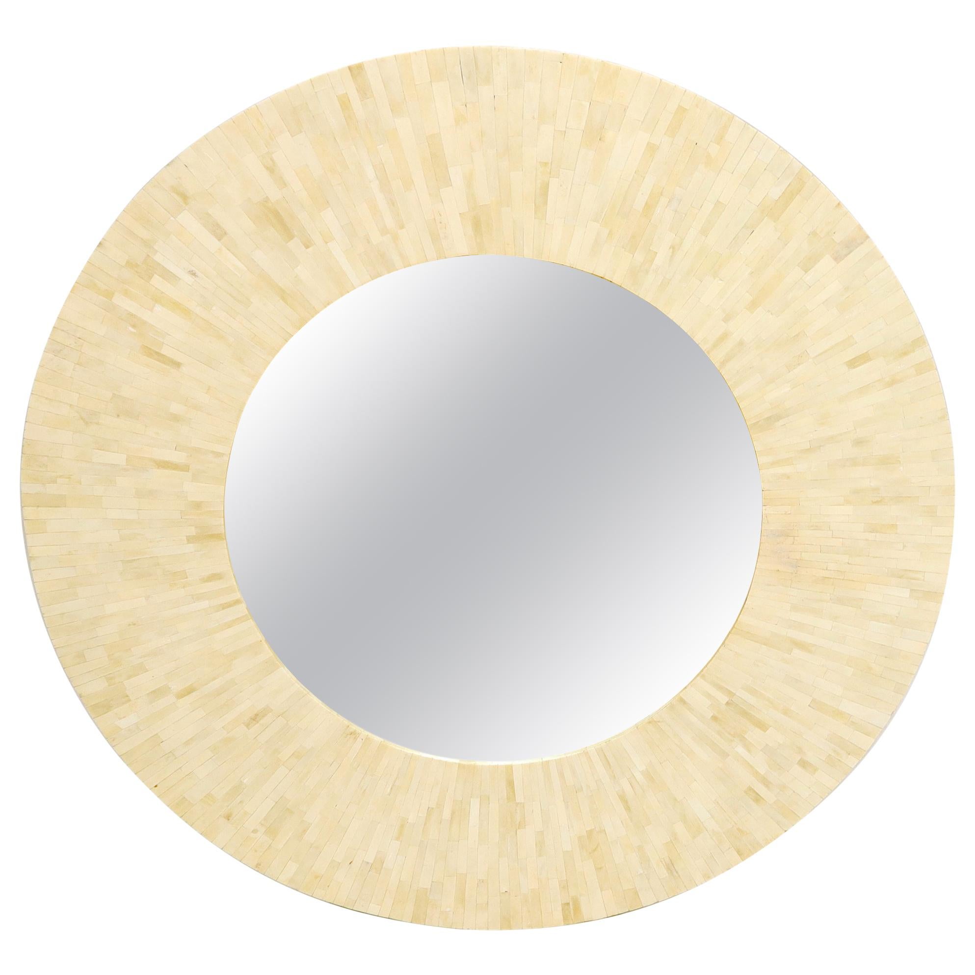 Large Round Sunburst Shape Bone Tiles Mirror For Sale