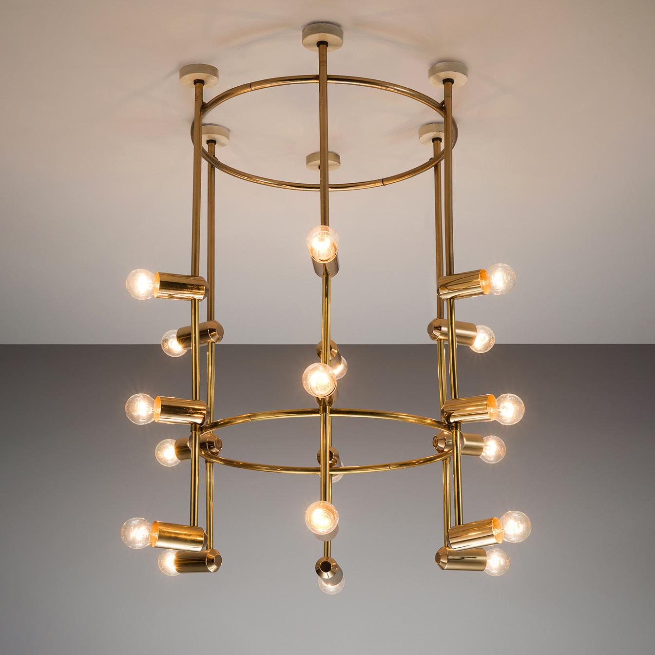 Mid-Century Modern Large Round Swiss Chandelier in Brass