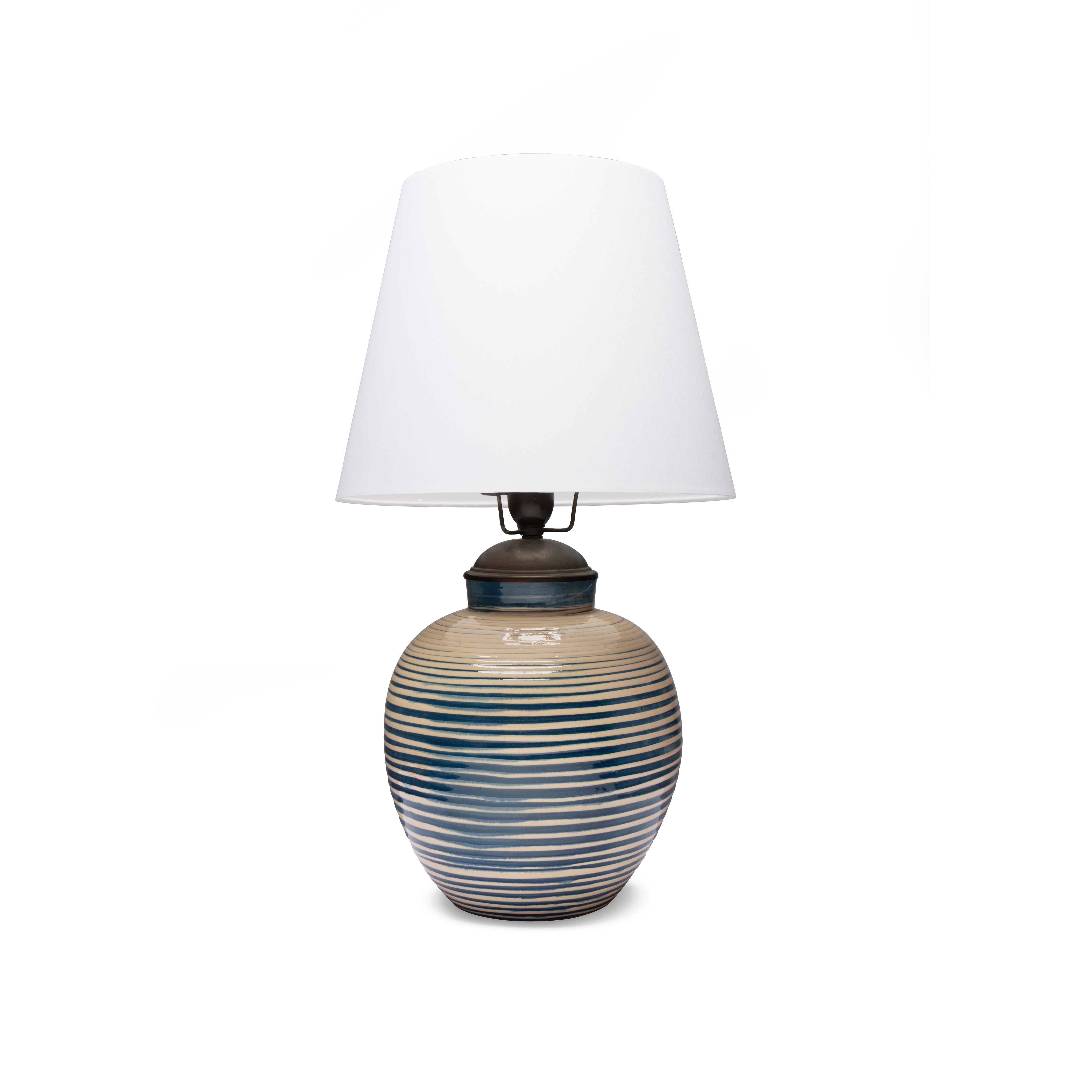 Scandinavian Modern Large round table lamp with horizontal blue stripes on a creamy background For Sale