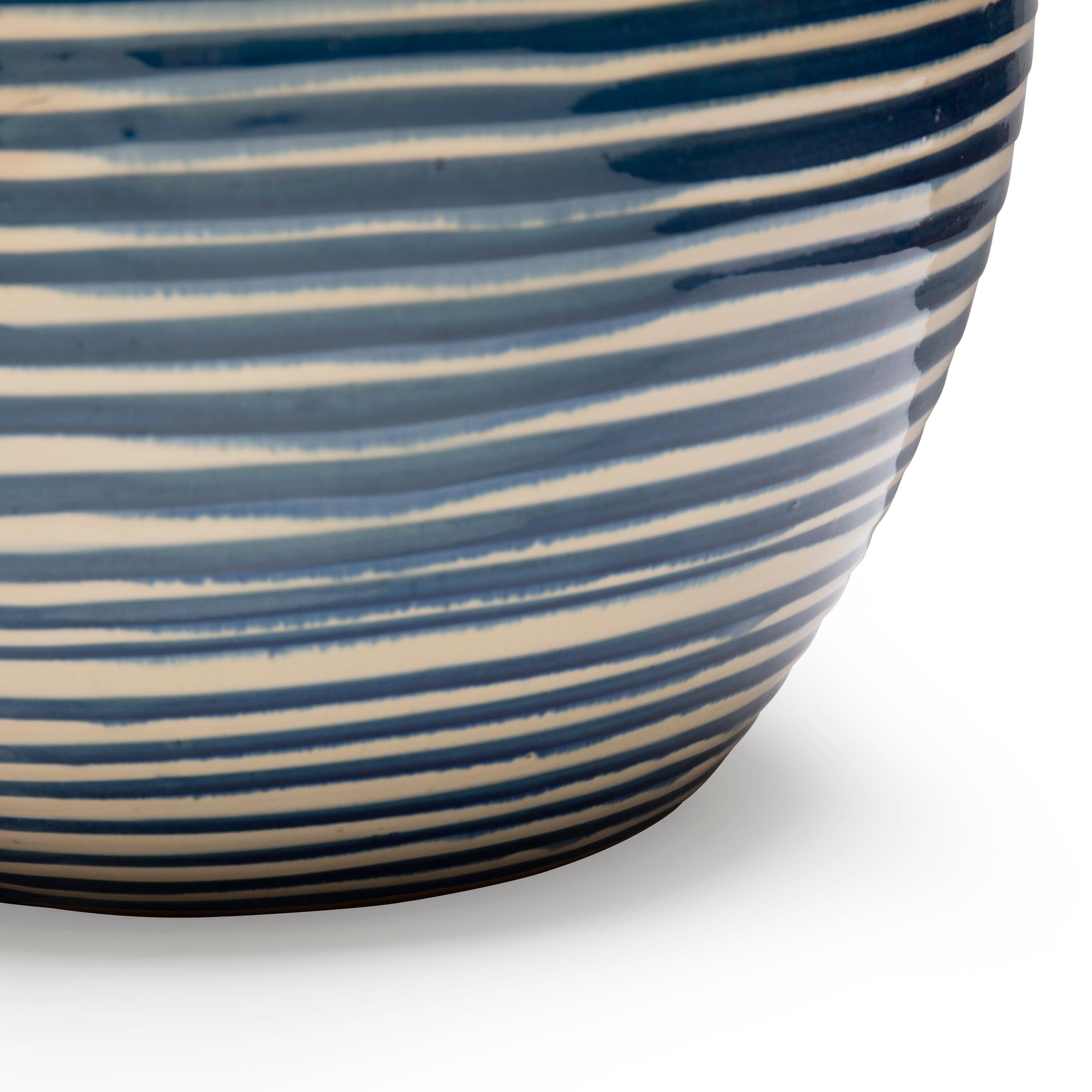 Glazed Large round table lamp with horizontal blue stripes on a creamy background For Sale