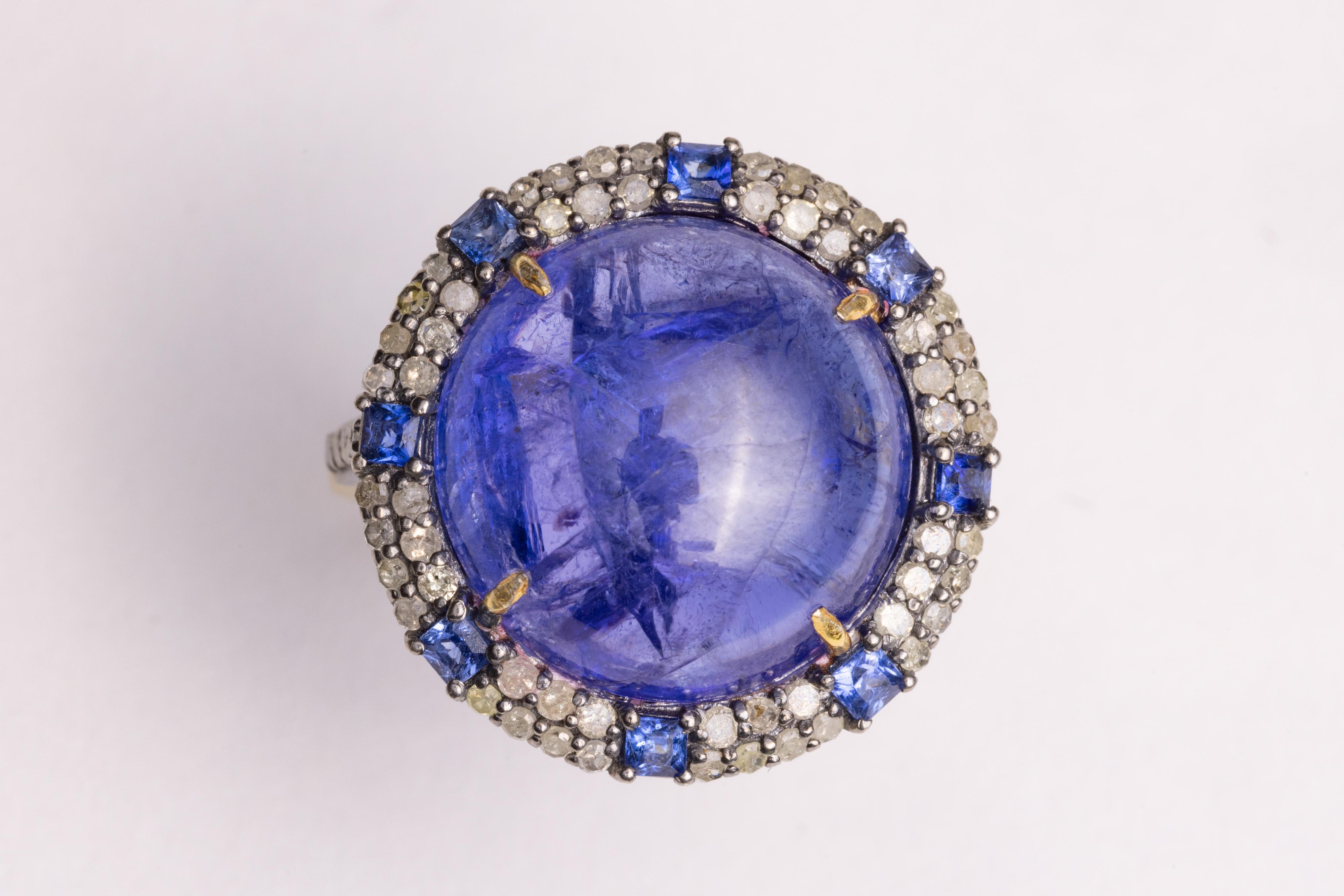 Large Round Tanzanite Dome Cocktail Ring with Diamonds In Excellent Condition For Sale In Nantucket, MA