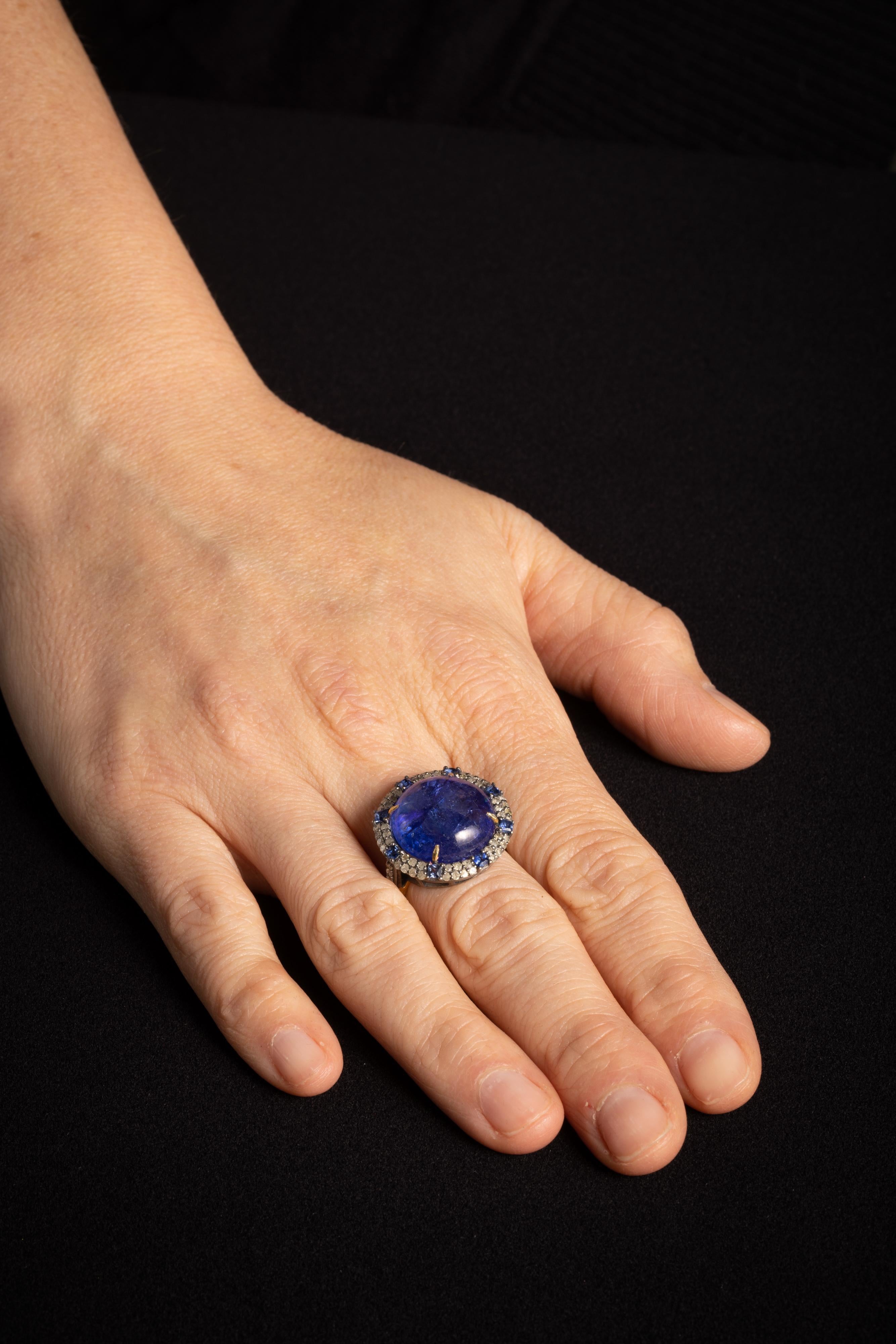 Women's or Men's Large Round Tanzanite Dome Cocktail Ring with Diamonds For Sale