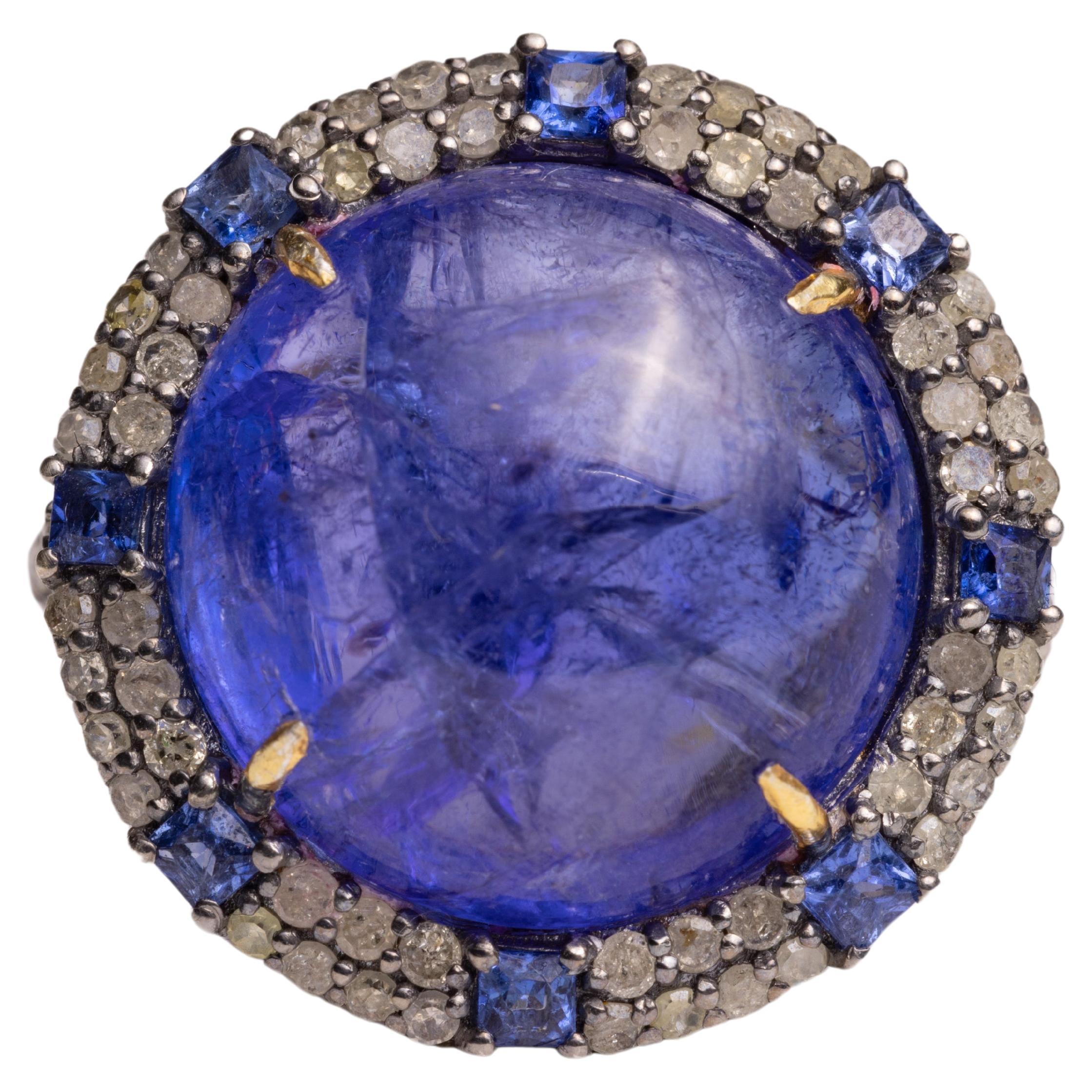 Large Round Tanzanite Dome Cocktail Ring with Diamonds For Sale