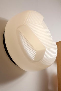 Large round "three-dimensional" relief glass milky white Art Deco wall lamp