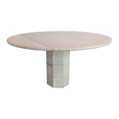 Large Round Travertine Dining Table Geometric Base, Italy, 1970s Mid-Century