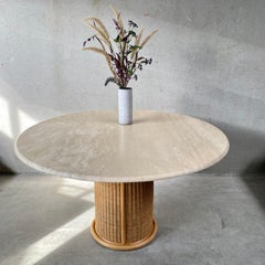 Large Round Travertine Dining Table with Rattan Base, Italy, 1970