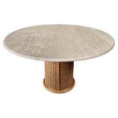 Large Round Travertine Dining Table with Rattan Base, Italy, 1970