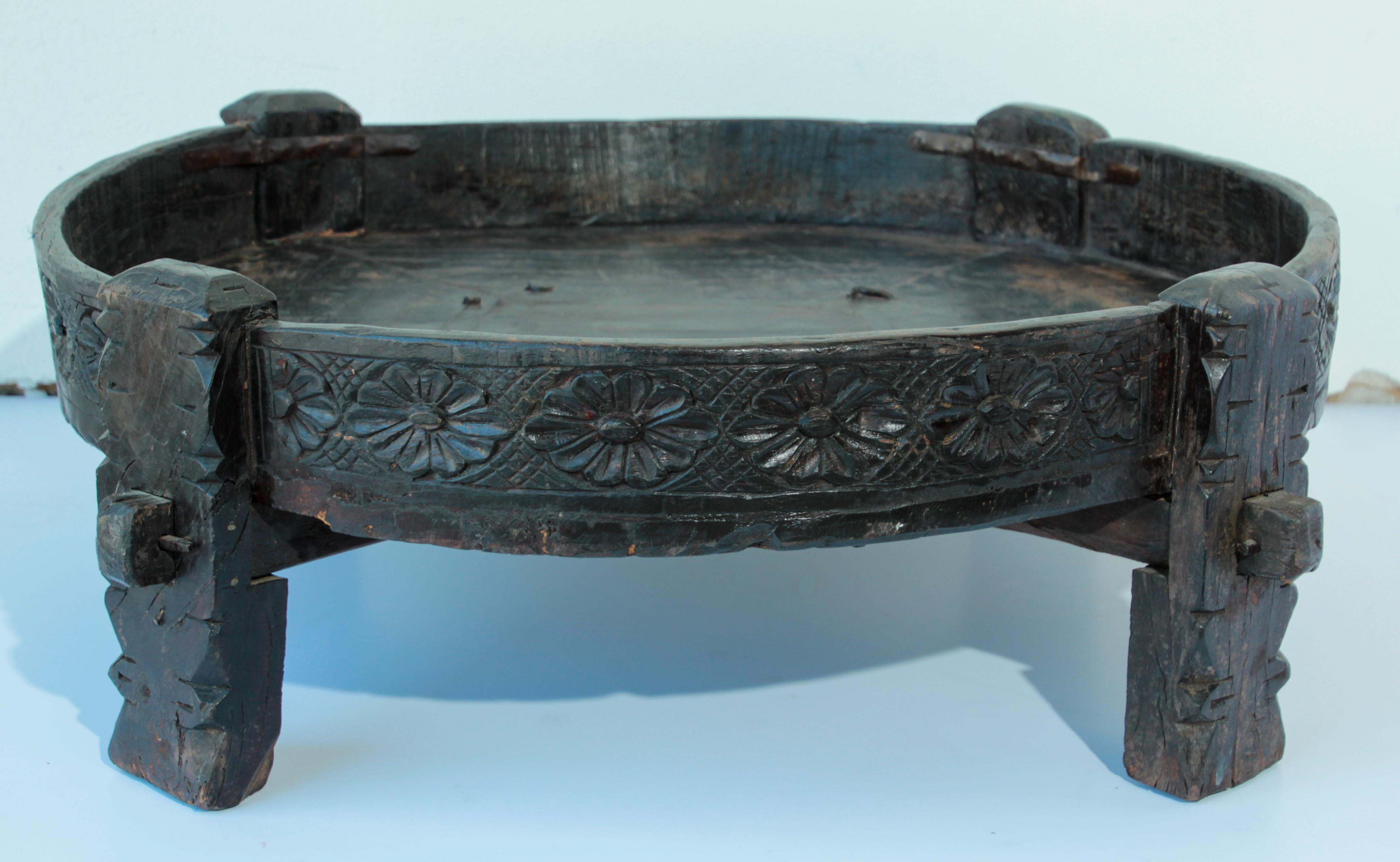 Indian Large Round Tribal Low Grinder Table