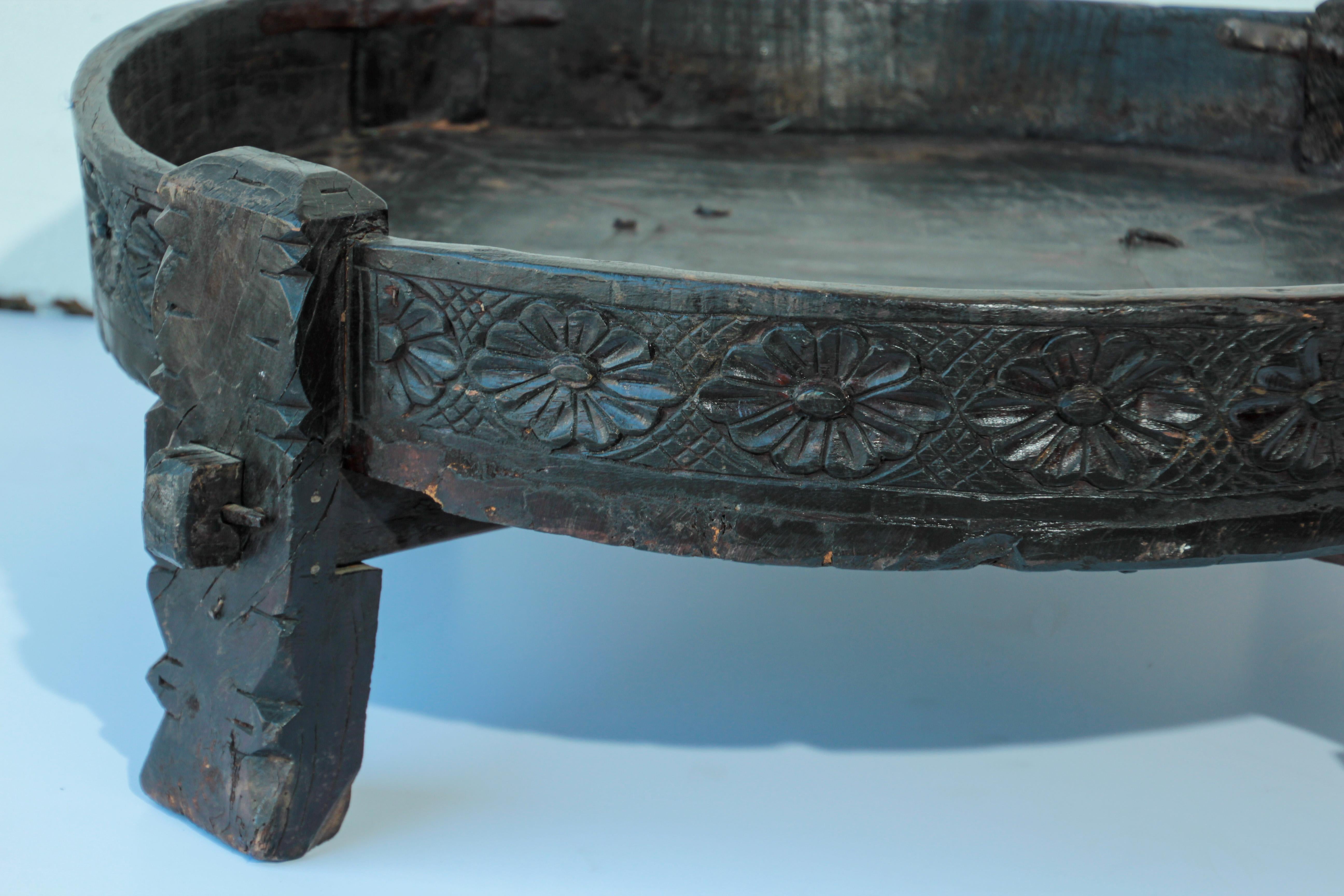 Hand-Carved Large Round Tribal Low Grinder Table