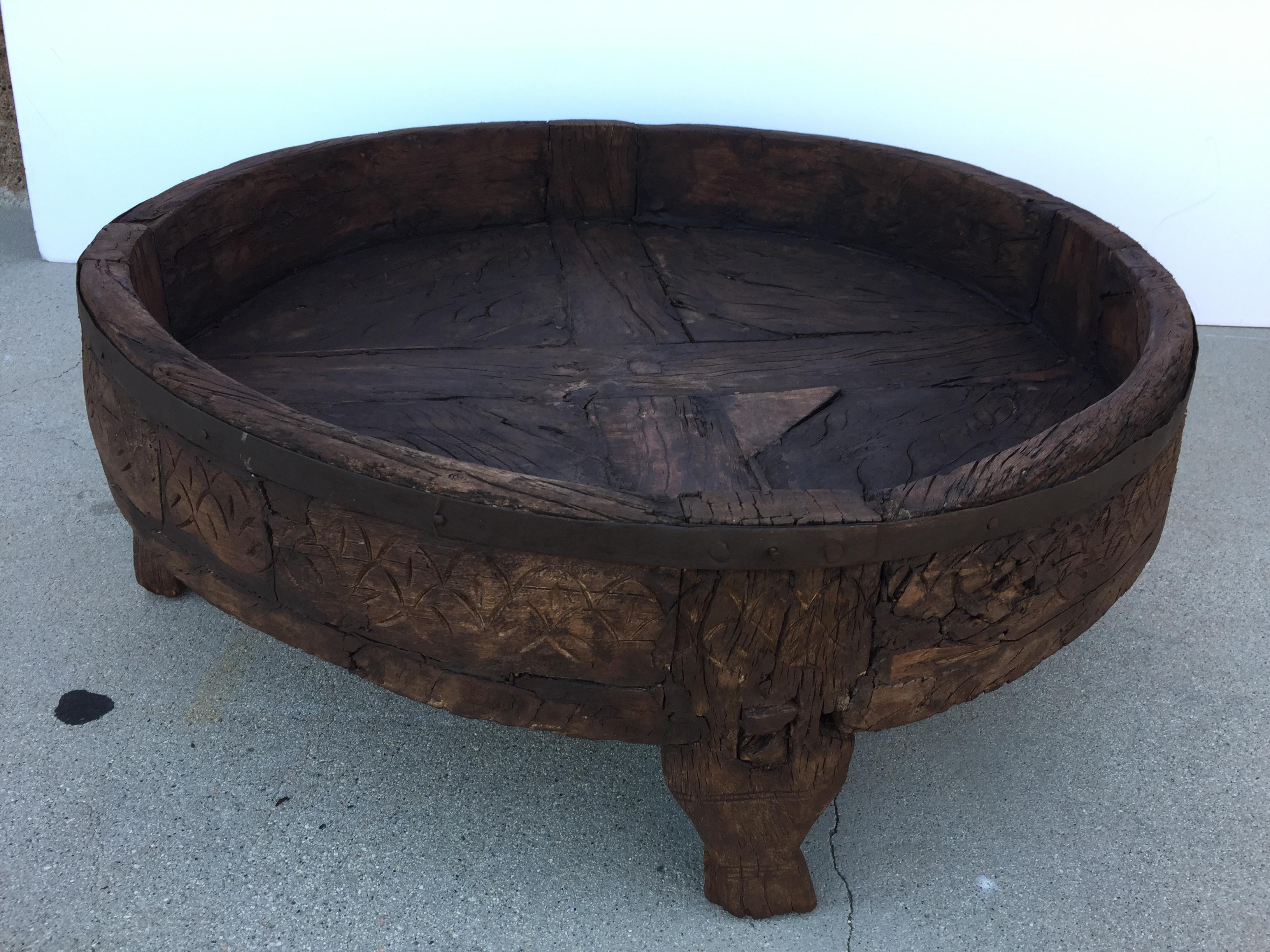 Indian Large Round Tribal Low Grinder Table from India