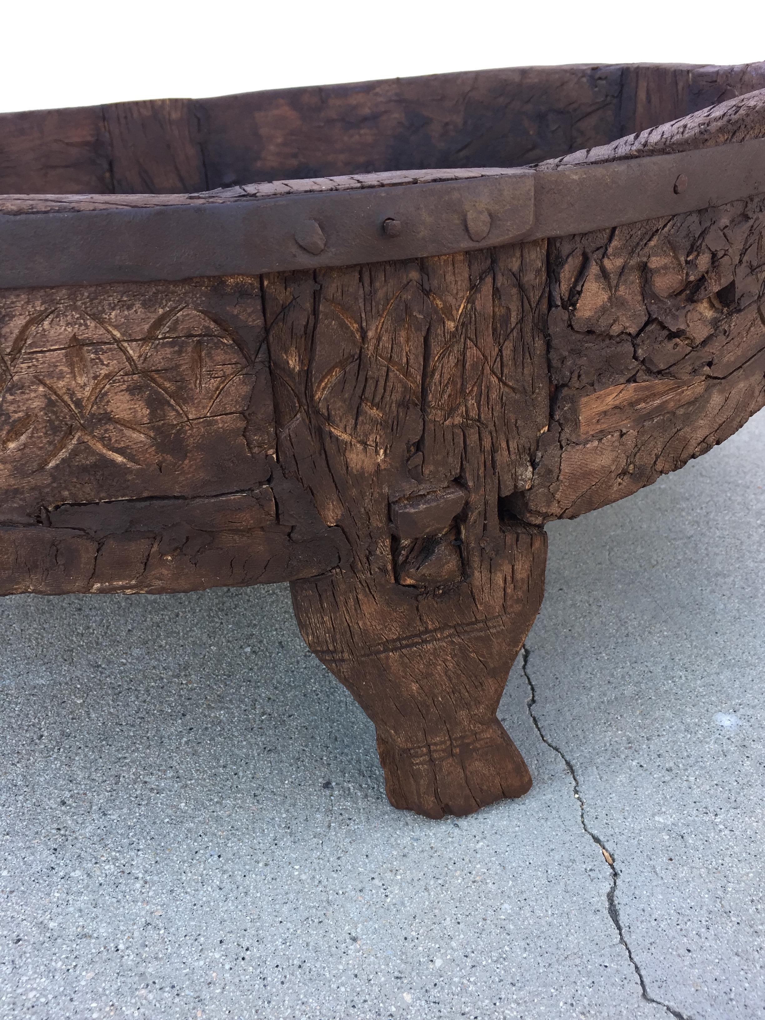 Hand-Carved Large Round Tribal Low Grinder Table from India