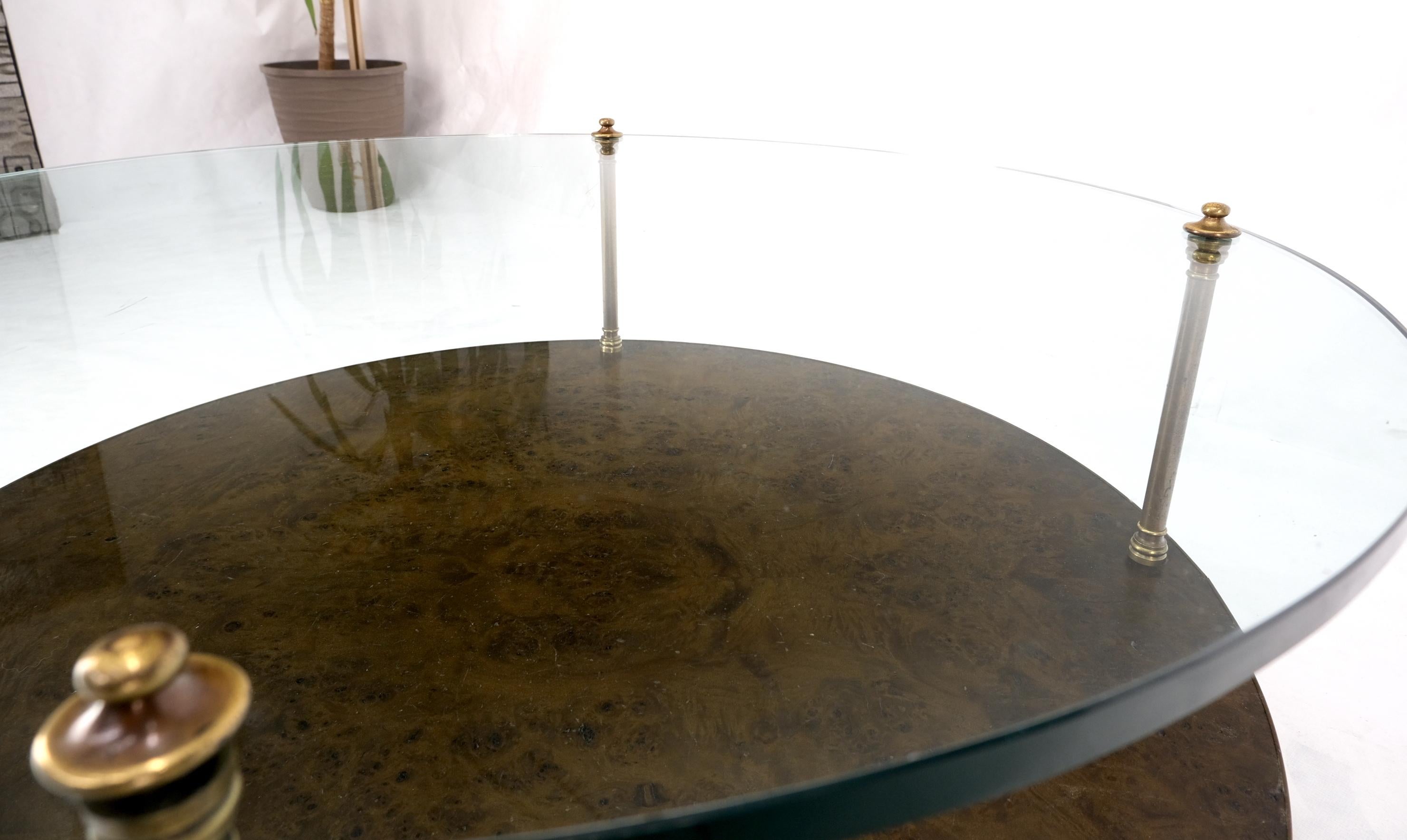 Large Round Two Tier Burl Wood Thick Glass Top Coffee Center Table For Sale 1