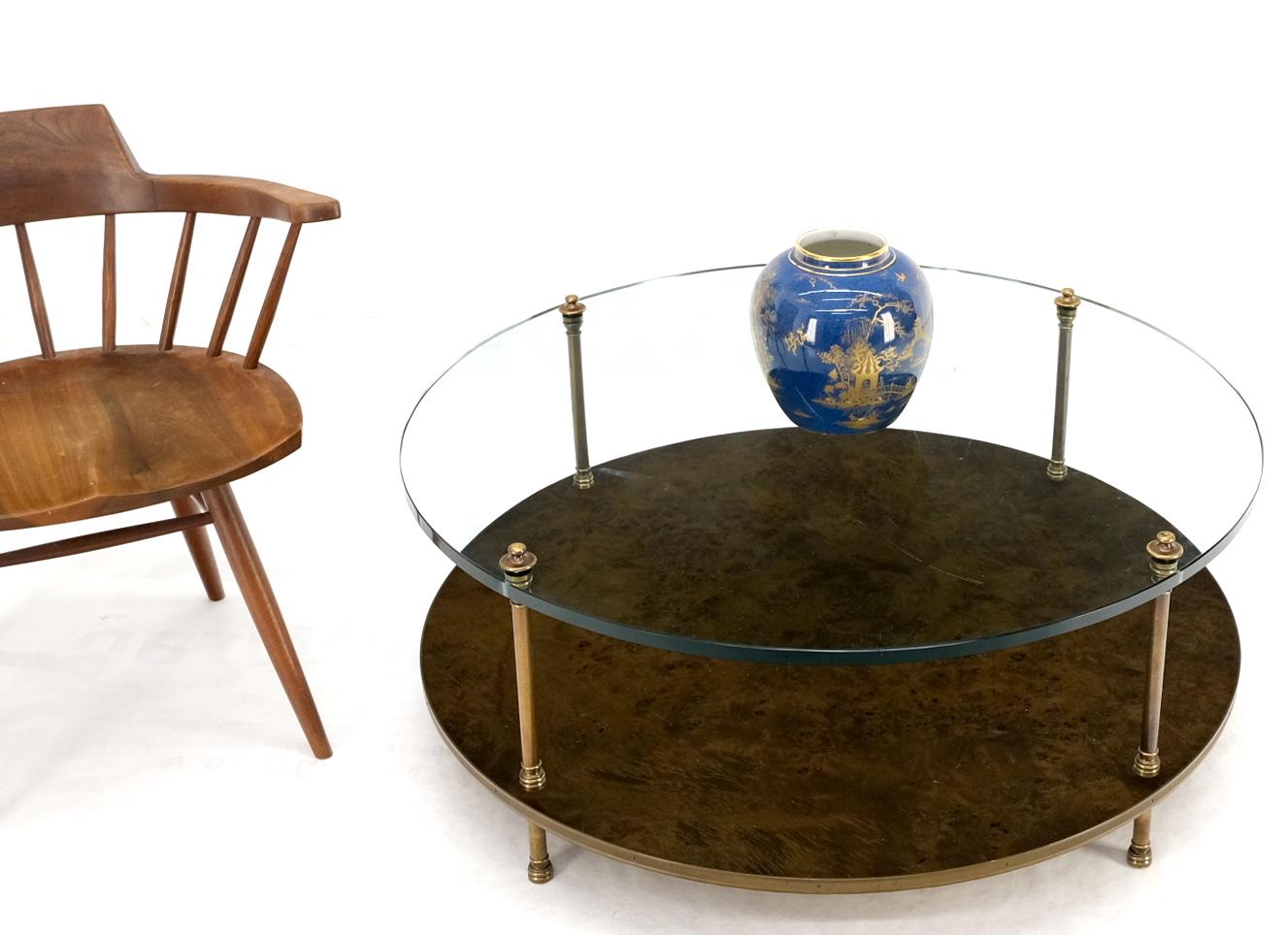 Mid-Century Modern Large Round Two Tier Burl Wood Thick Glass Top Coffee Center Table For Sale