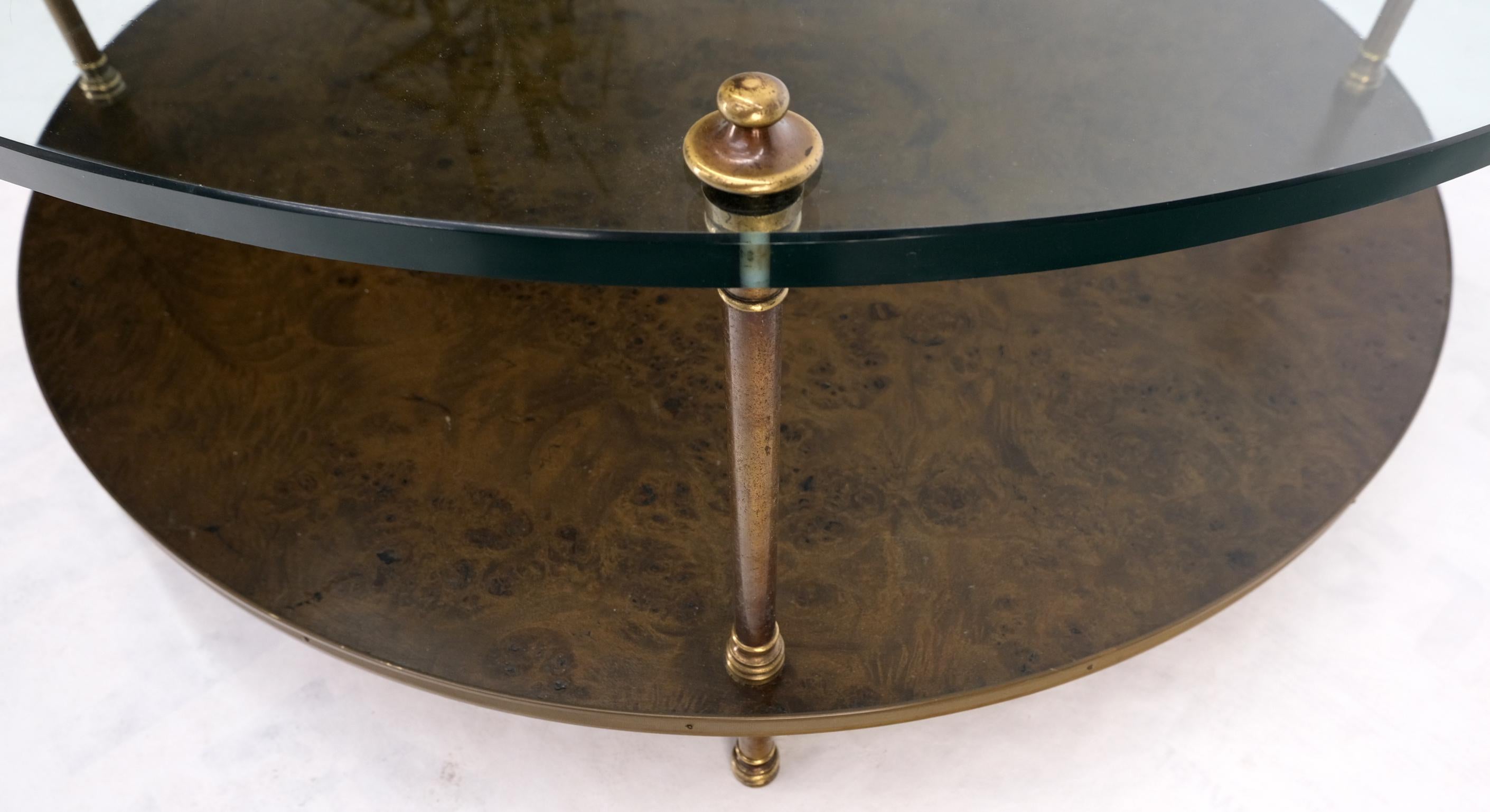 20th Century Large Round Two Tier Burl Wood Thick Glass Top Coffee Center Table For Sale