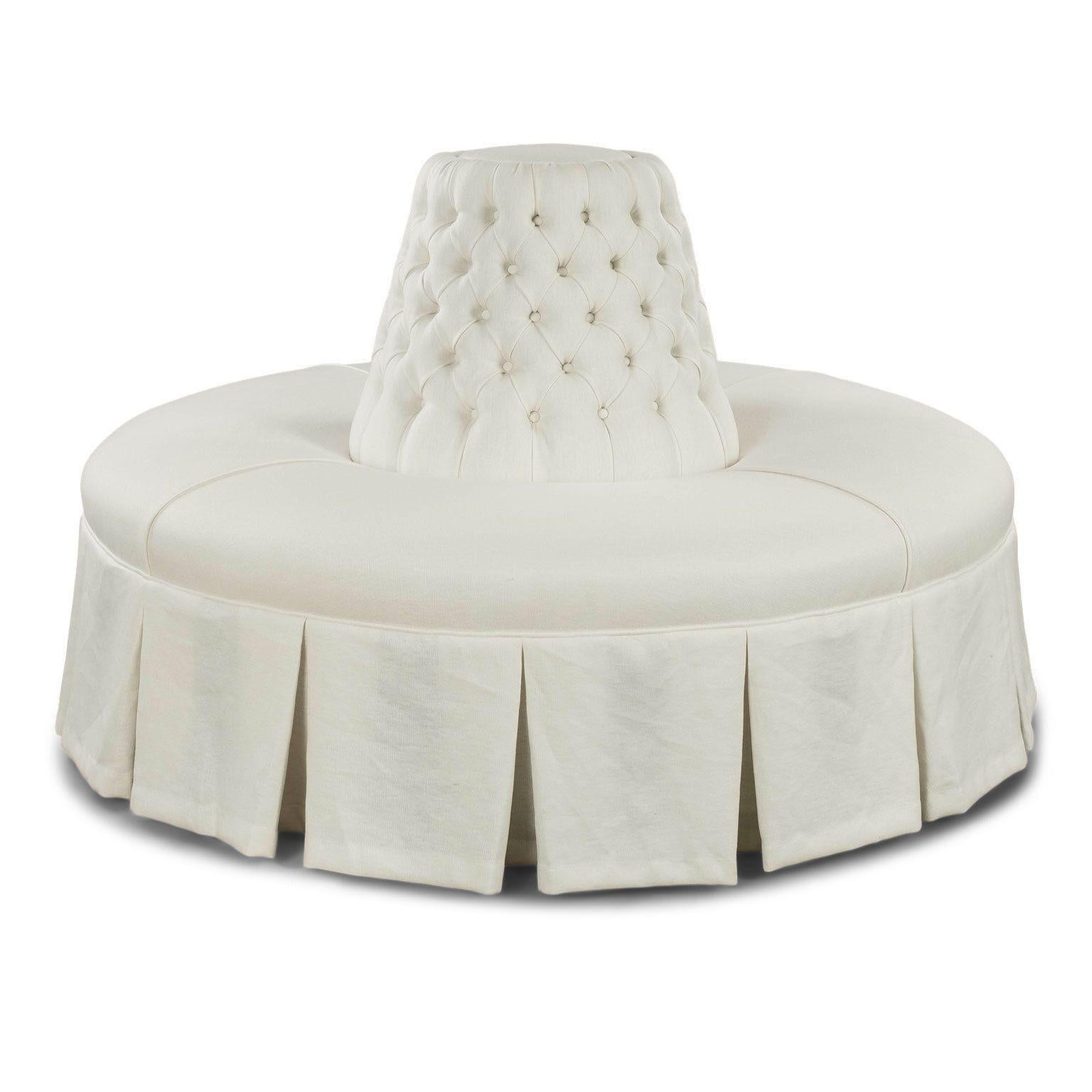 Hand-Carved Large Round White-Linen Upholstered Banquette
