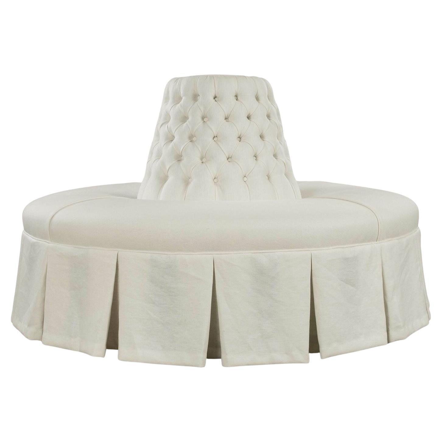 Large Round White-Linen Upholstered Banquette