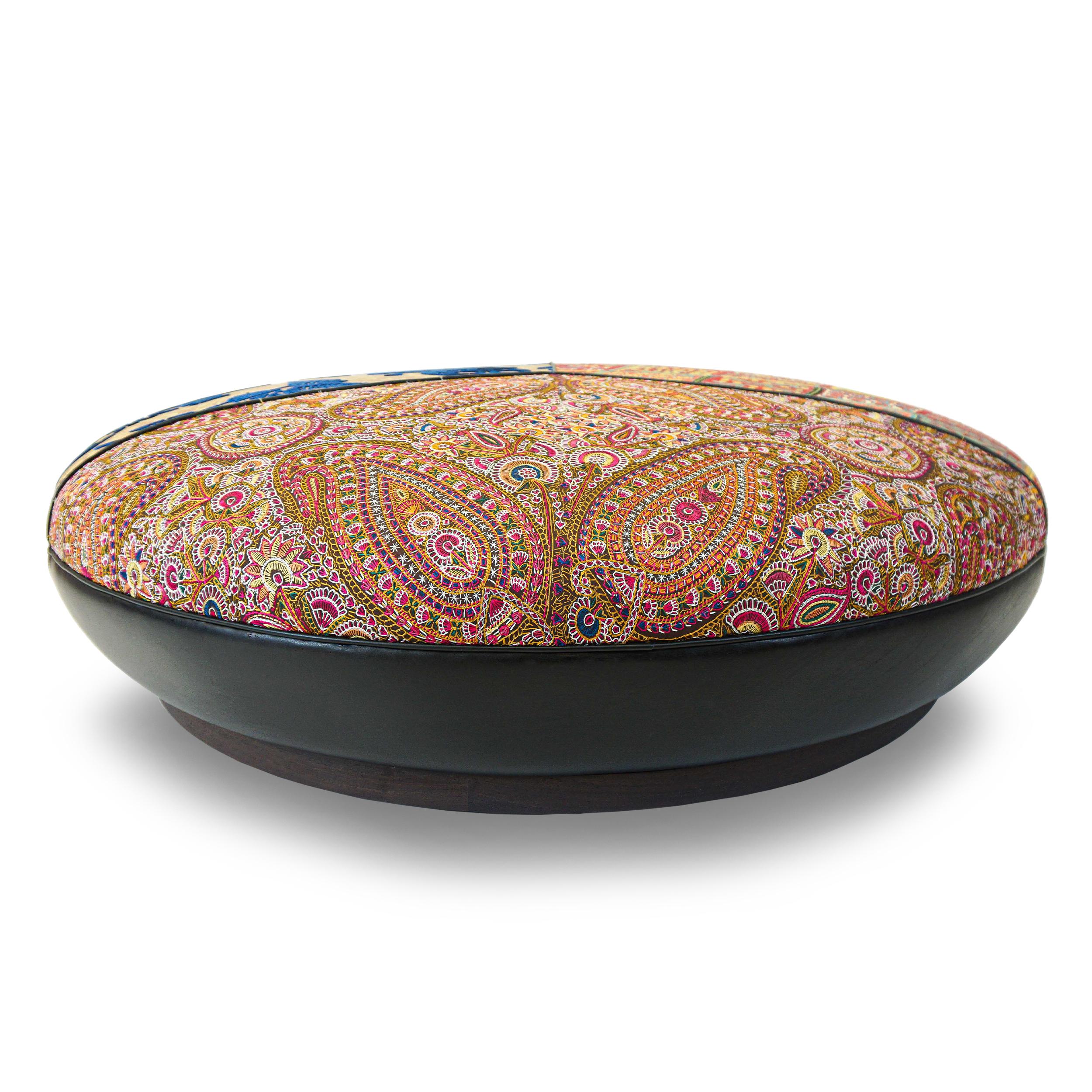 Large Round Upholstered Moroccan-Inspired Ottoman, Customizable For Sale 2