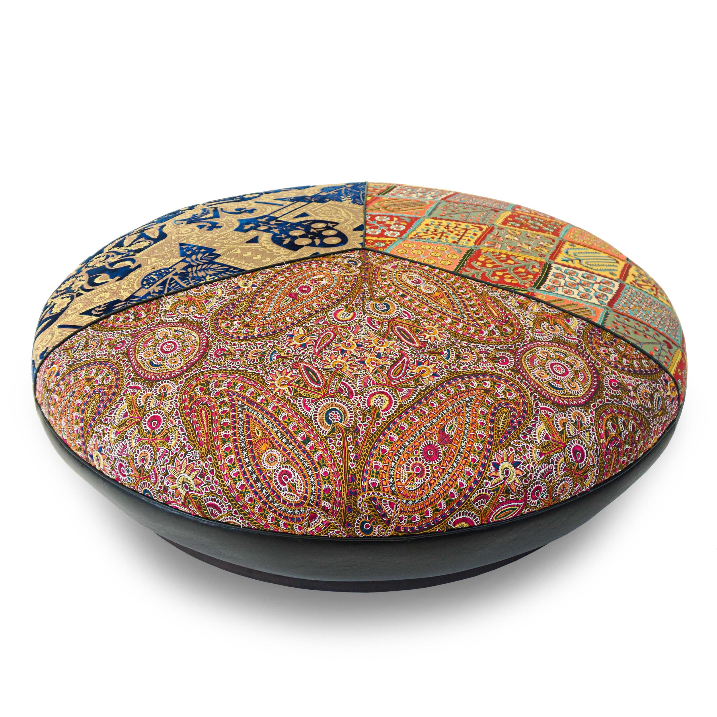 Large Round Upholstered Moroccan-Inspired Ottoman, Customizable For Sale 3