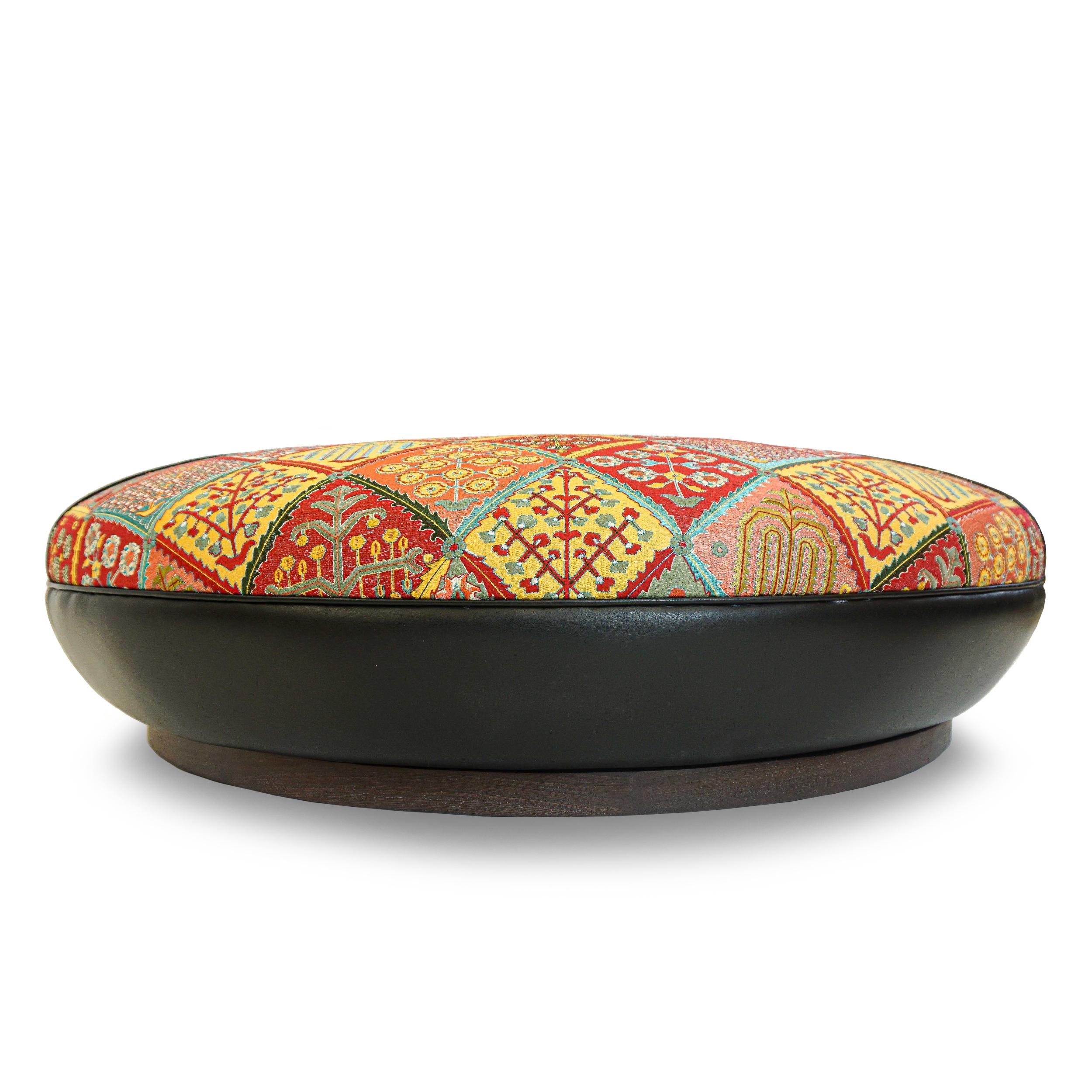 American Large Round Upholstered Moroccan-Inspired Ottoman, Customizable For Sale