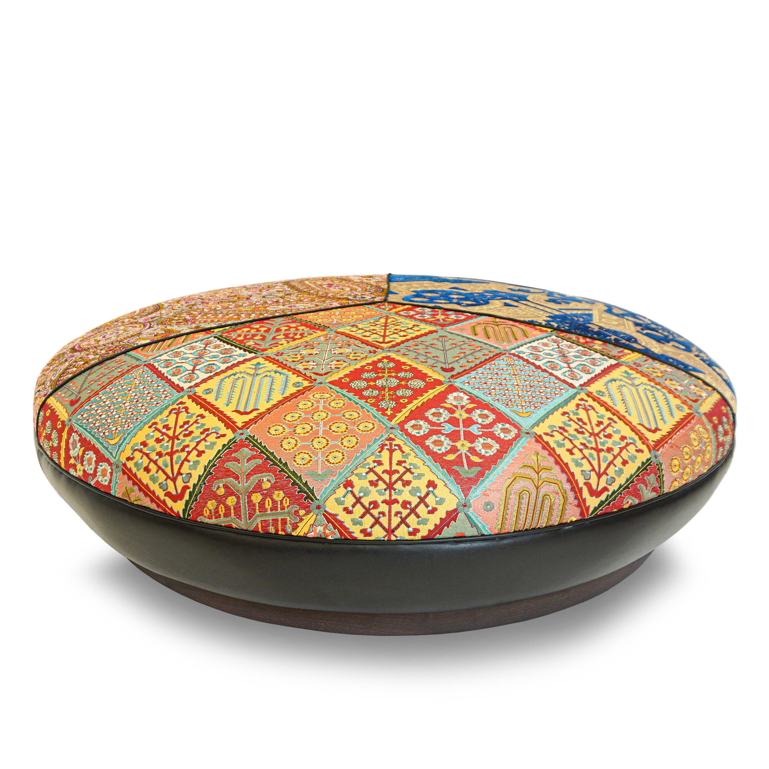 Contemporary Large Round Upholstered Moroccan-Inspired Ottoman, Customizable For Sale