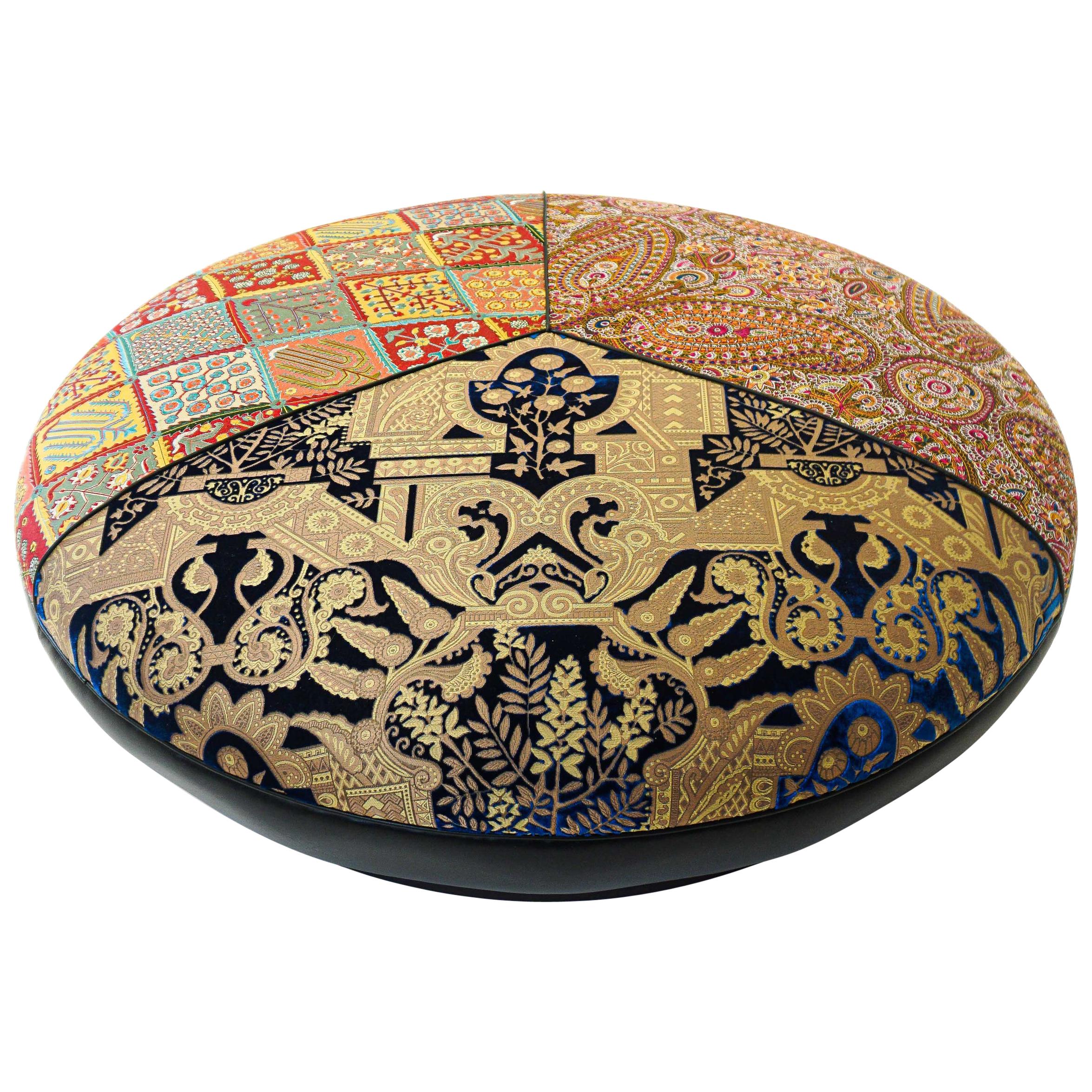 Large Round Upholstered Moroccan-Inspired Ottoman, Customizable