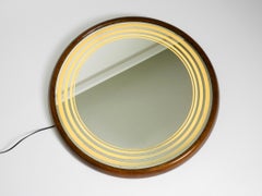 Large round very rare Italian 1960s illuminated walnut wall mirror