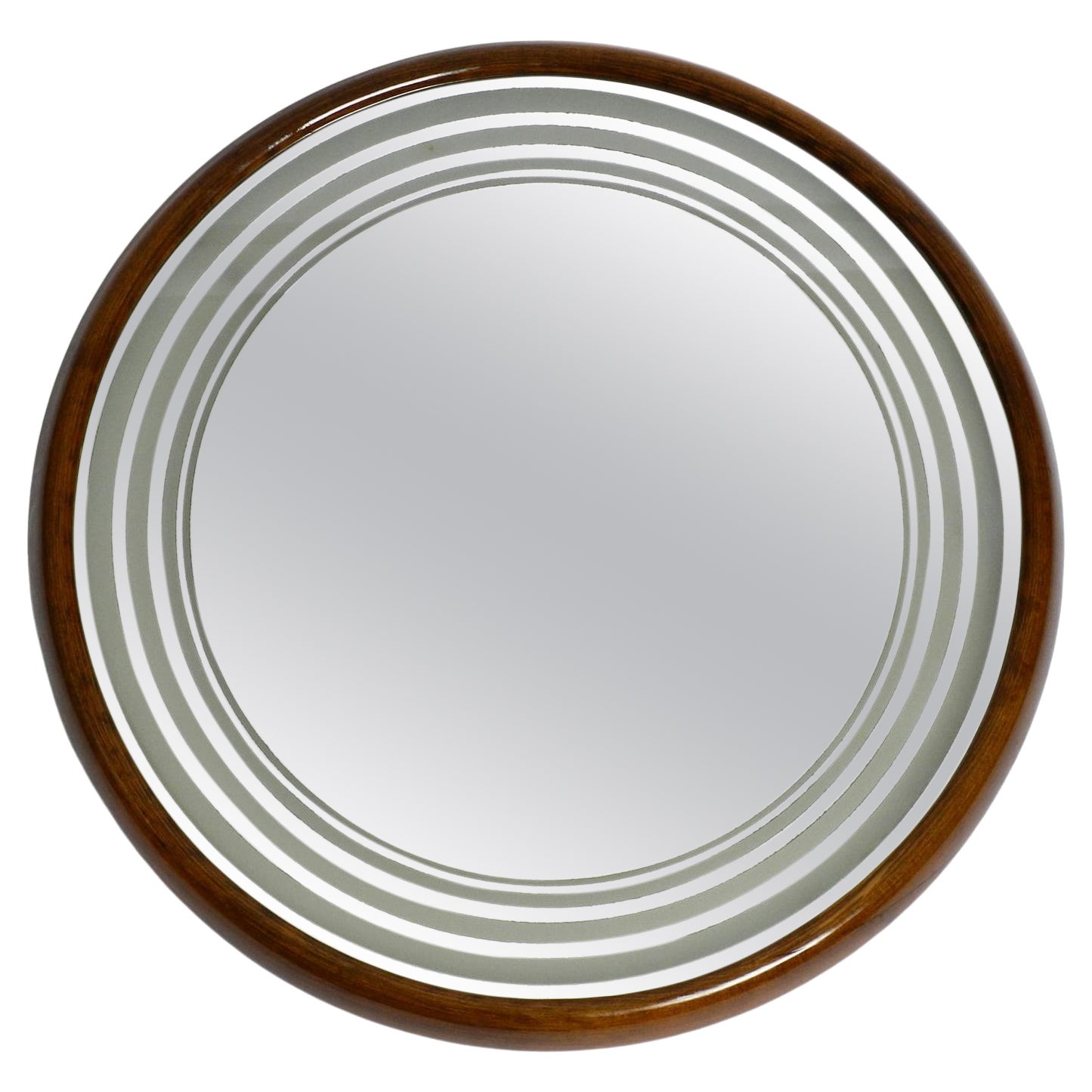 Large round very rare Italian 1960s illuminated walnut wall mirror